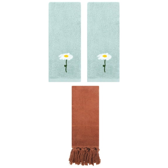 Unique Bargains 3 Pack Floral Solid Hand Towels Brown/Blue 14"x30"/13"x30"