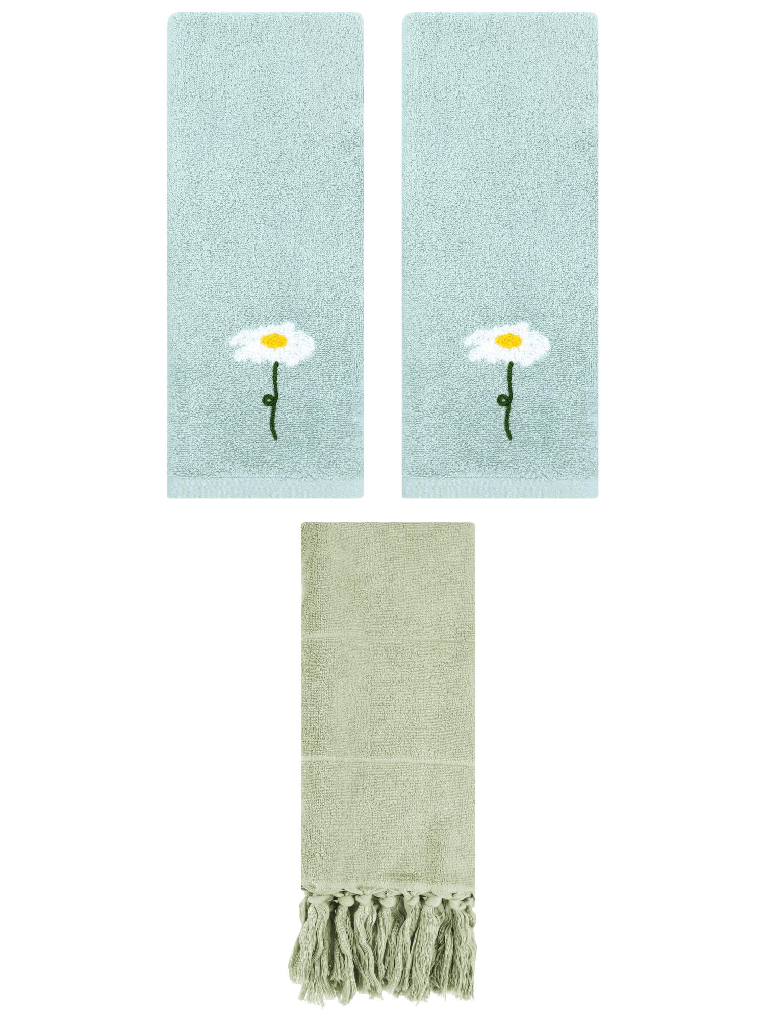 Unique Bargains 3 Pack Floral Solid Hand Towels Green/Blue 14"x30"/13"x30"