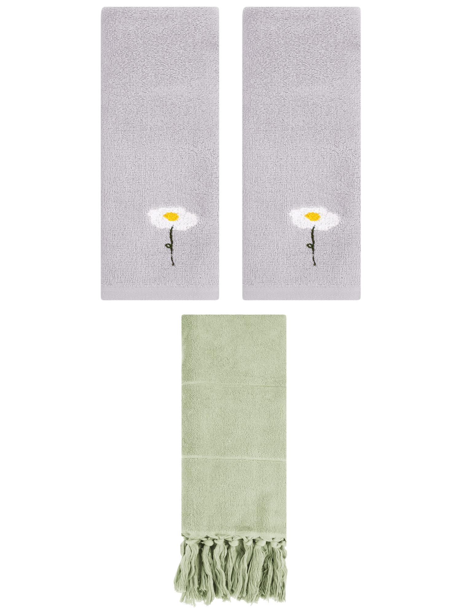 Unique Bargains 3 Pack Floral Solid Hand Towels Green/Grey 14"x30"/13"x30"