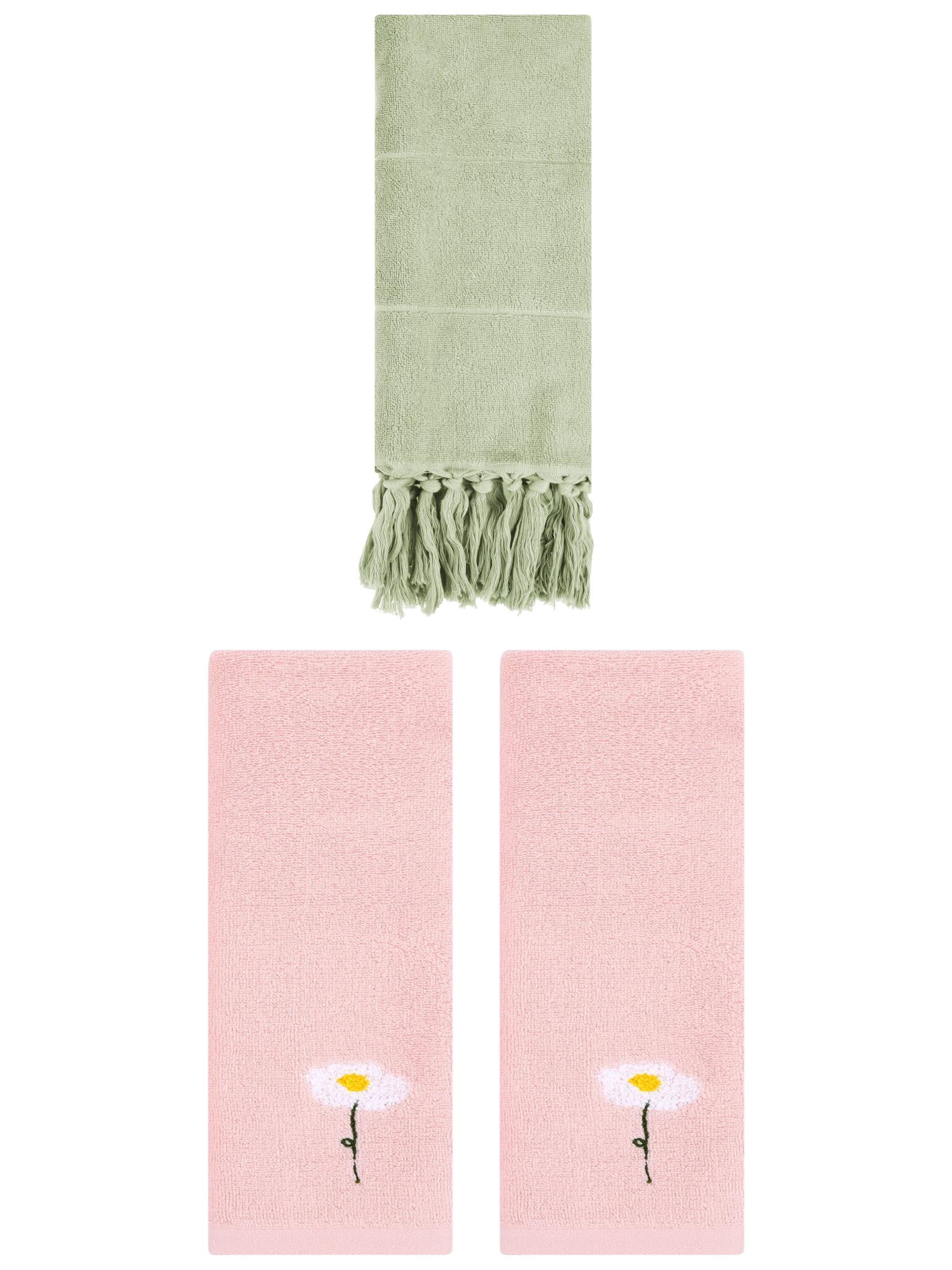 Unique Bargains 3 Pack Floral Solid Hand Towels Green/Pink 14"x30"/13"x30"