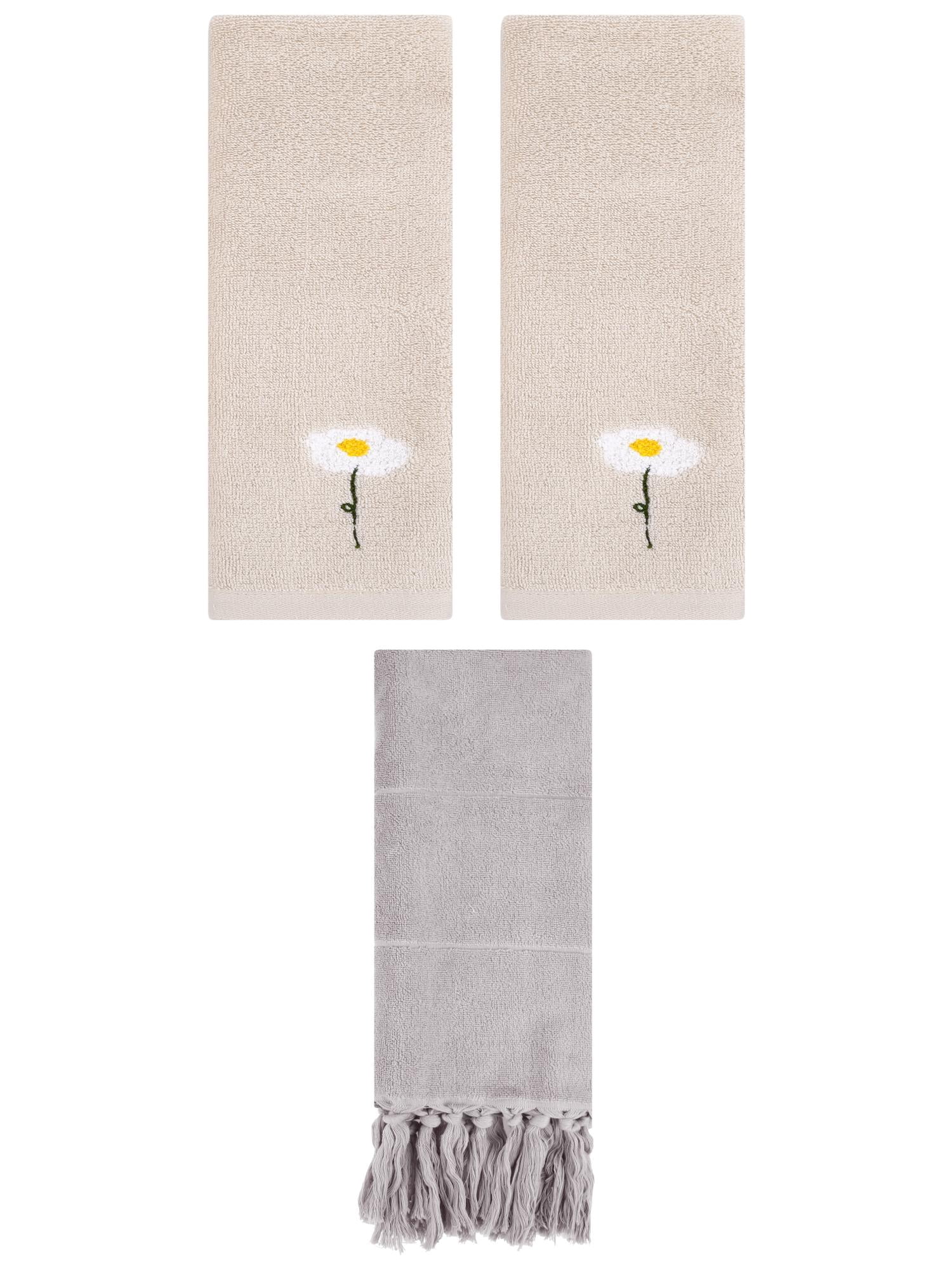 Unique Bargains 3 Pack Floral Solid Hand Towels Grey/Light Brown 14"x30"/13"x30"