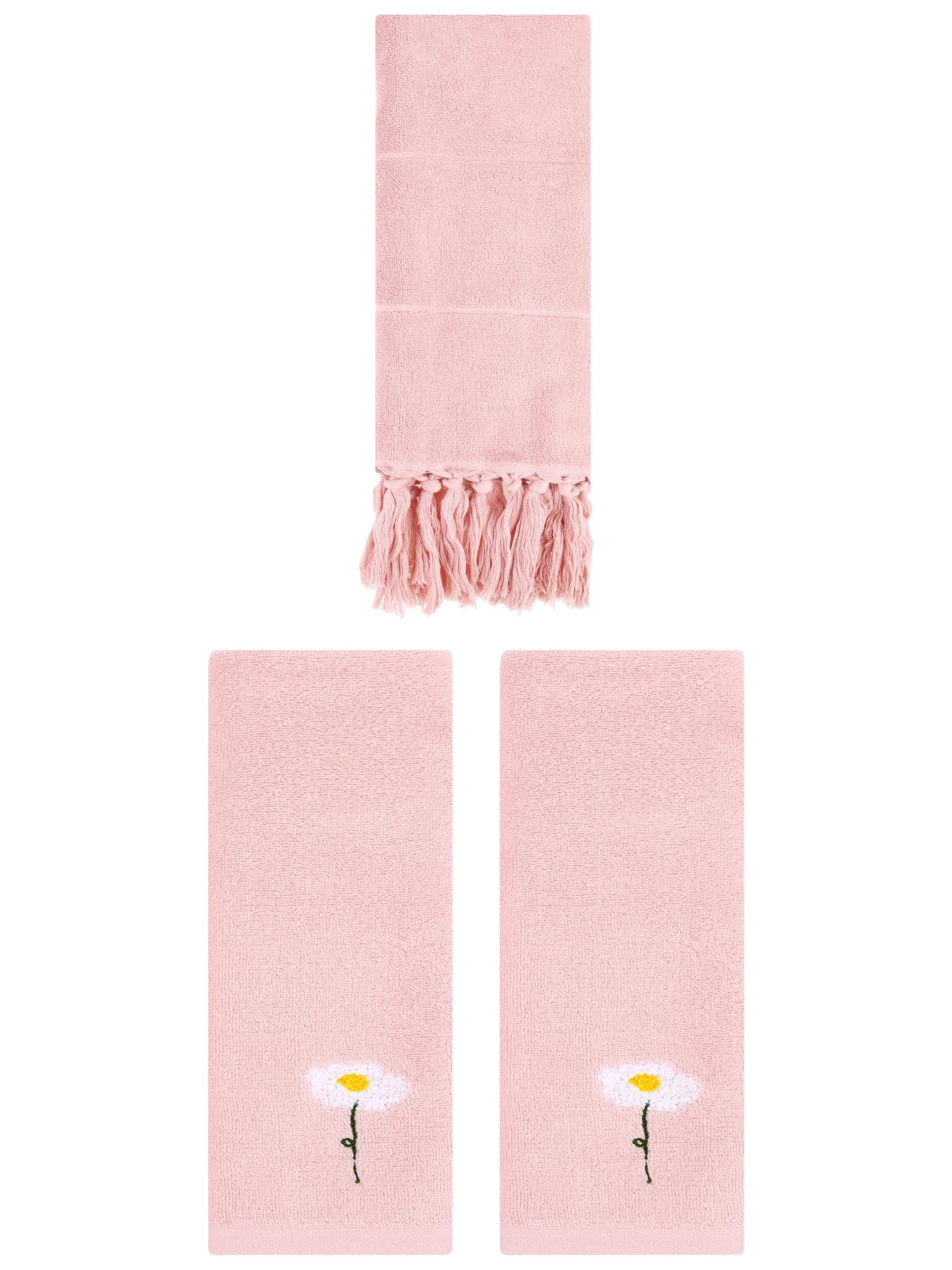 Unique Bargains 3 Pack Floral Solid Hand Towels Pink 14"x30"/13"x30"