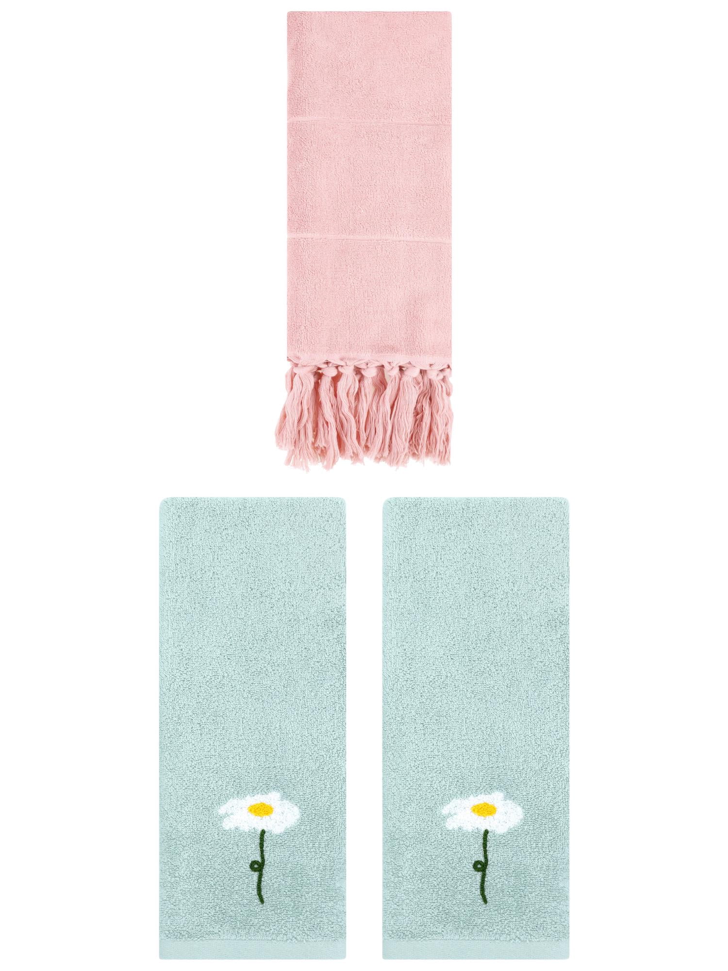 Unique Bargains 3 Pack Floral Solid Hand Towels Pink/Blue 14"x30"/13"x30"