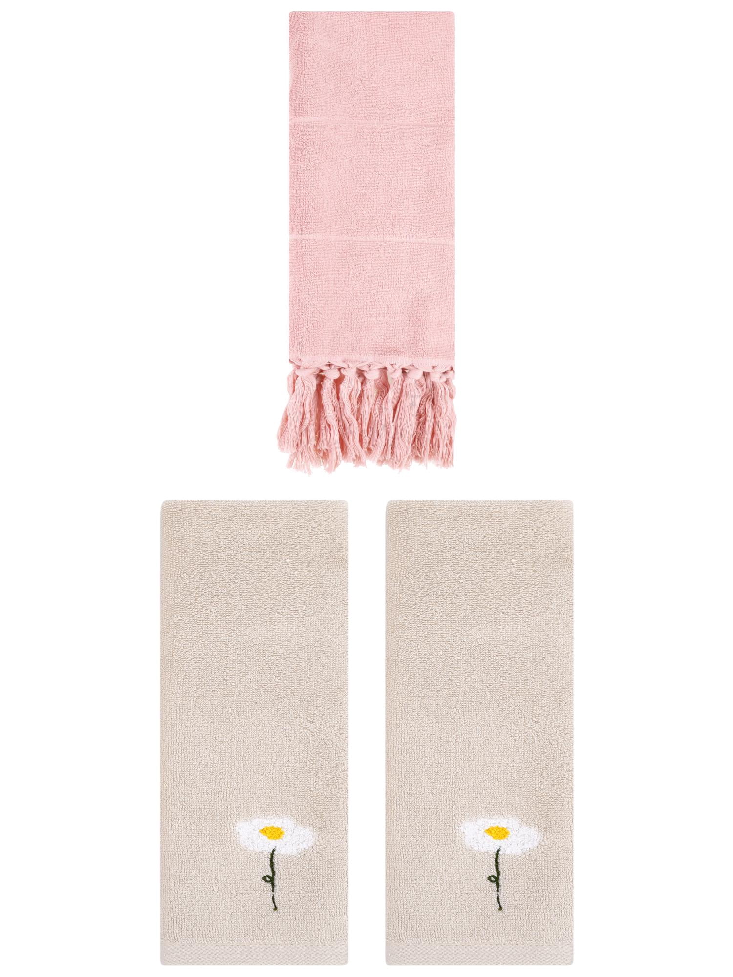 Unique Bargains 3 Pack Floral Solid Hand Towels Pink/Light Brown 14"x30"/13"x30"