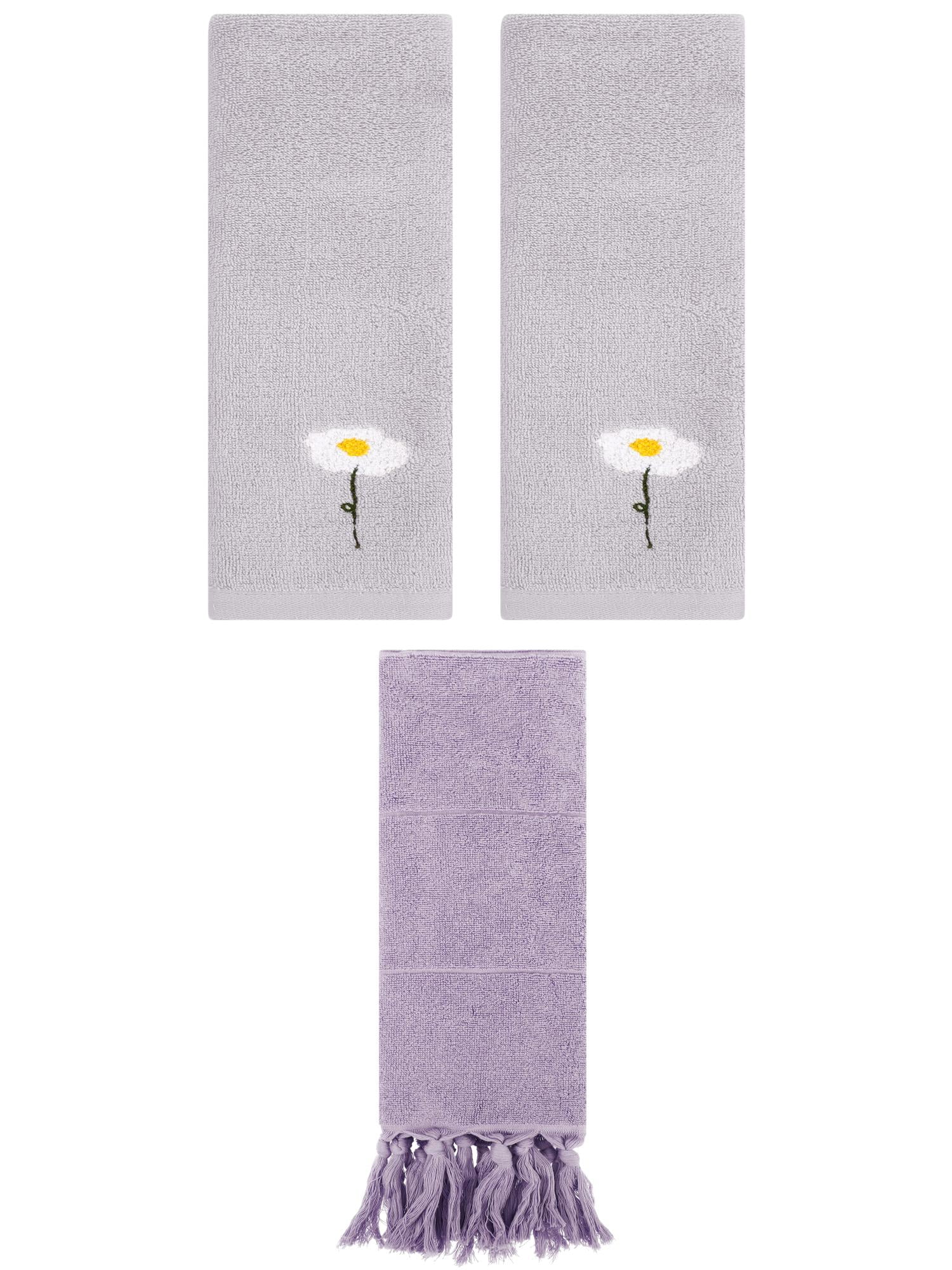 Unique Bargains 3 Pack Floral Solid Hand Towels Purple/Grey 14"x30"/13"x30"