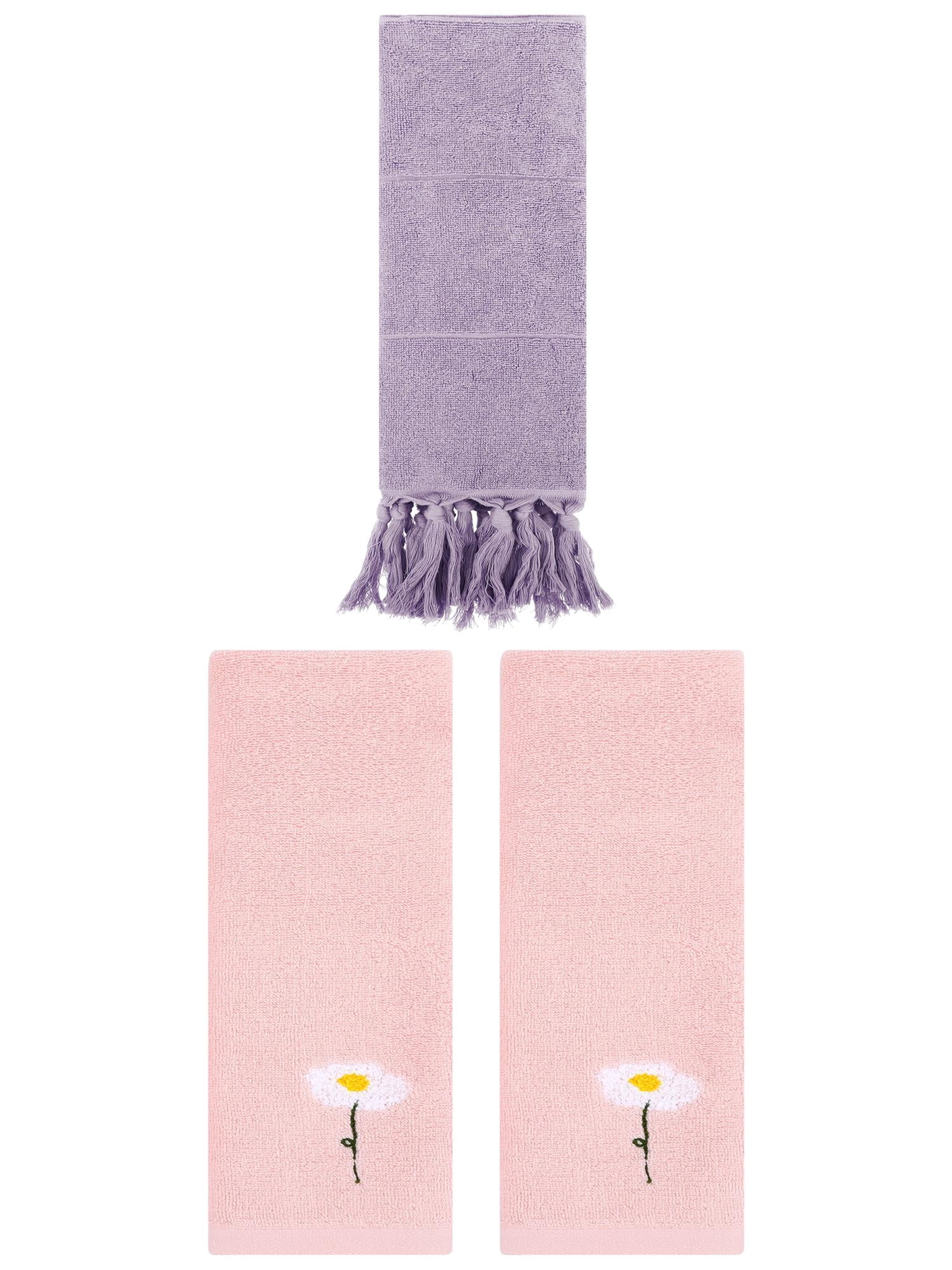 Unique Bargains 3 Pack Floral Solid Hand Towels Purple/Pink 14"x30"/13"x30"
