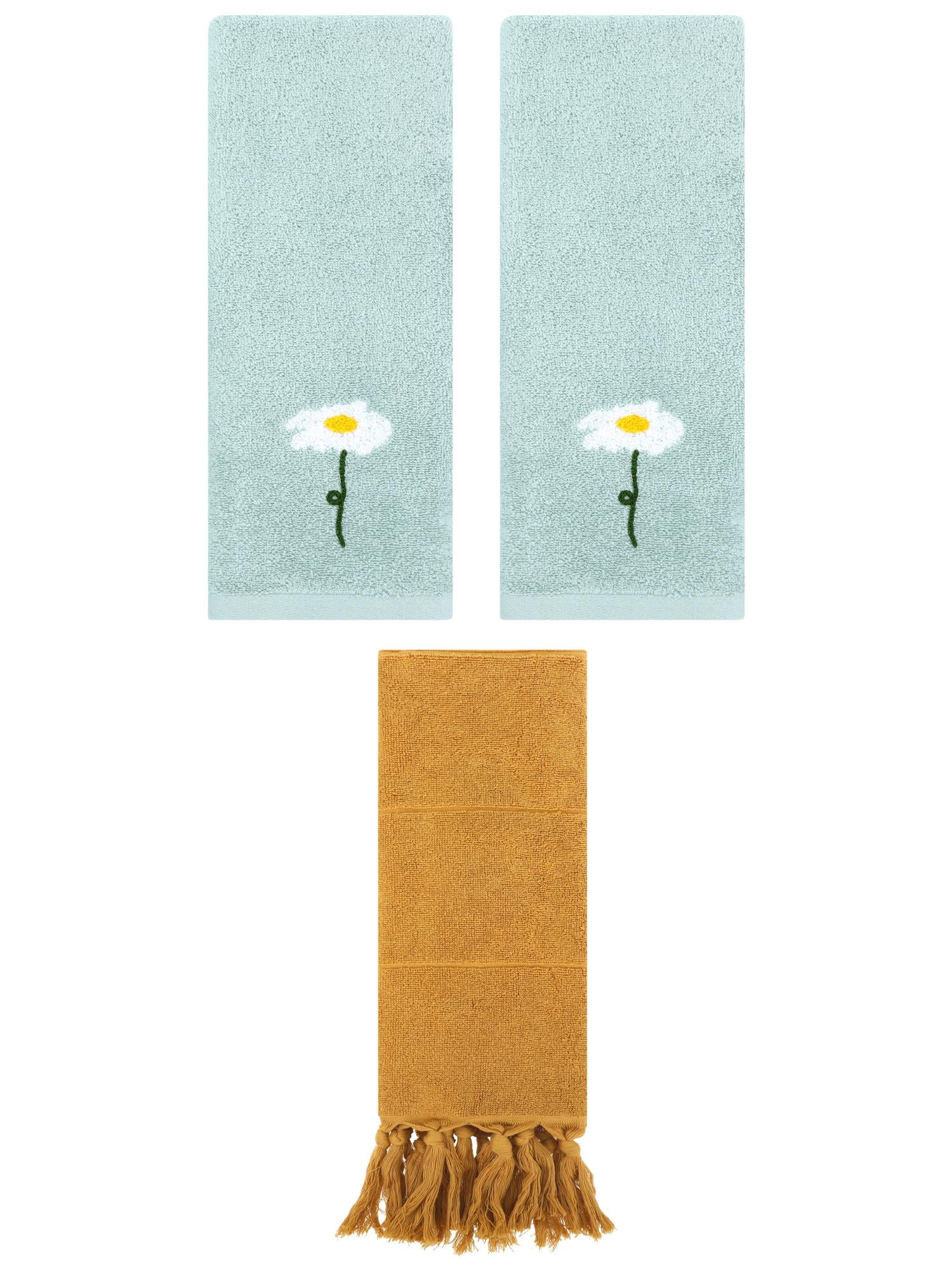 Unique Bargains 3 Pack Floral Solid Hand Towels Yellow/Blue 14"x30"/13"x30"