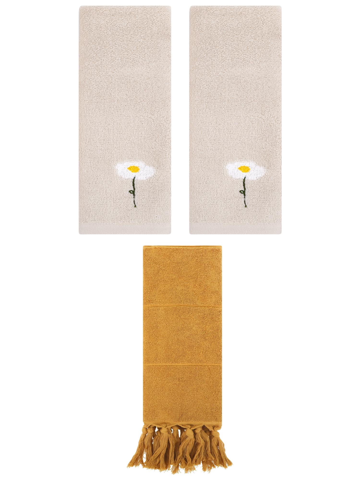 Unique Bargains 3 Pack Floral Solid Hand Towels Yellow/Light Brown 14"x30"/13"x30"