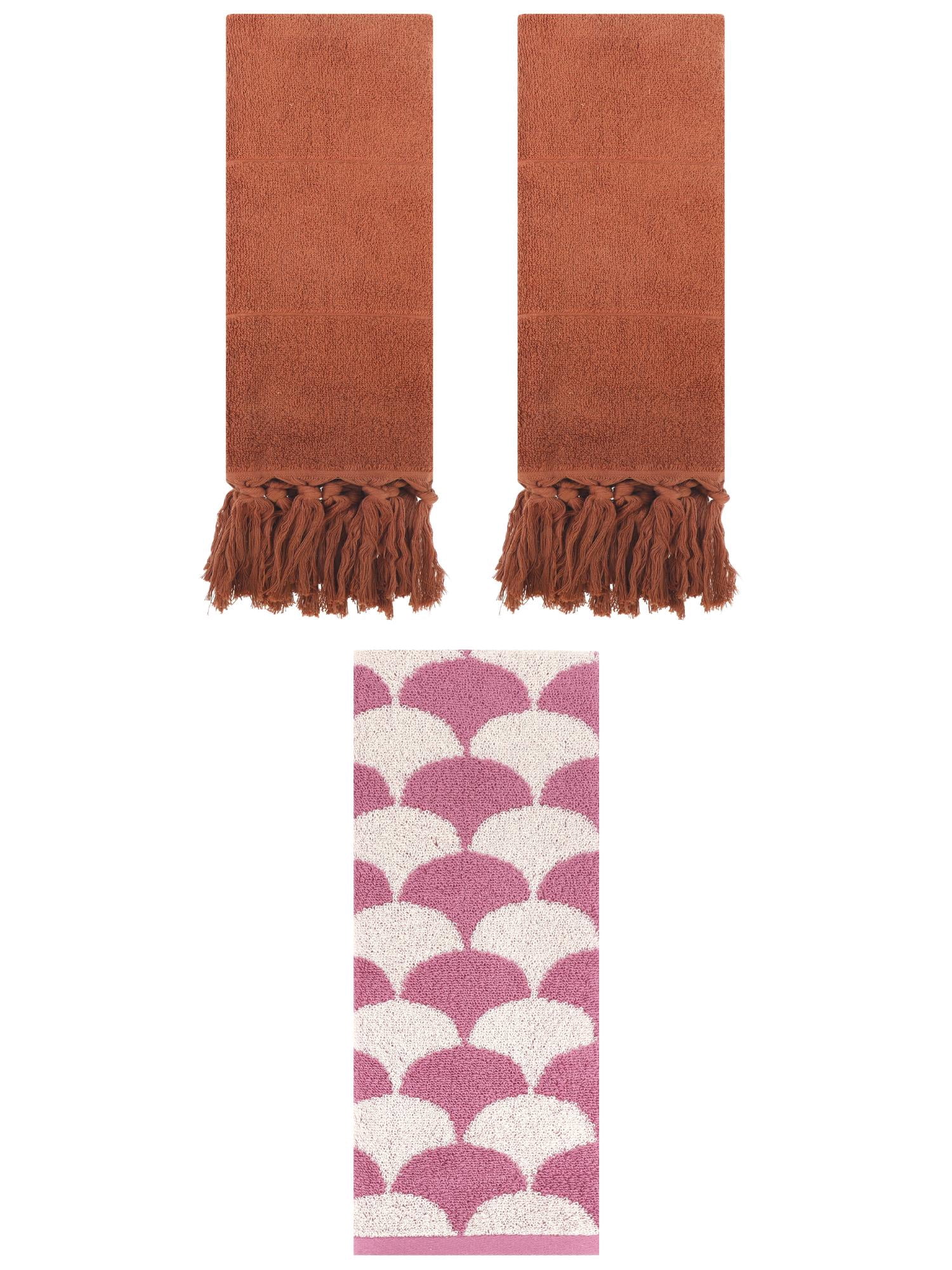 Unique Bargains 3 Pack Geometric Solid Hand Towel Set Brown/Pink 14"x30"/13"x29"