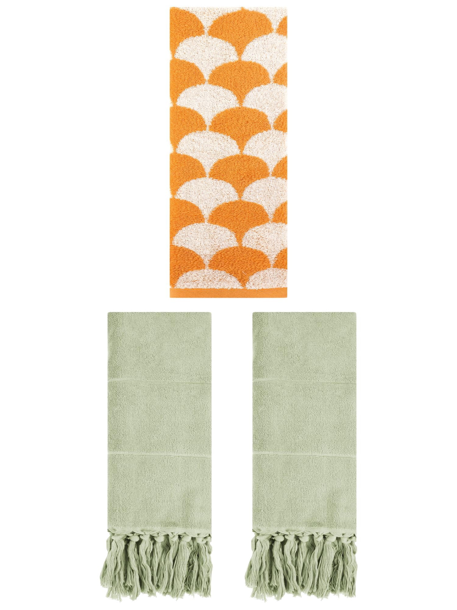 Unique Bargains 3 Pack Geometric Solid Hand Towel Set Green/Orange 14"x30"/13"x29"