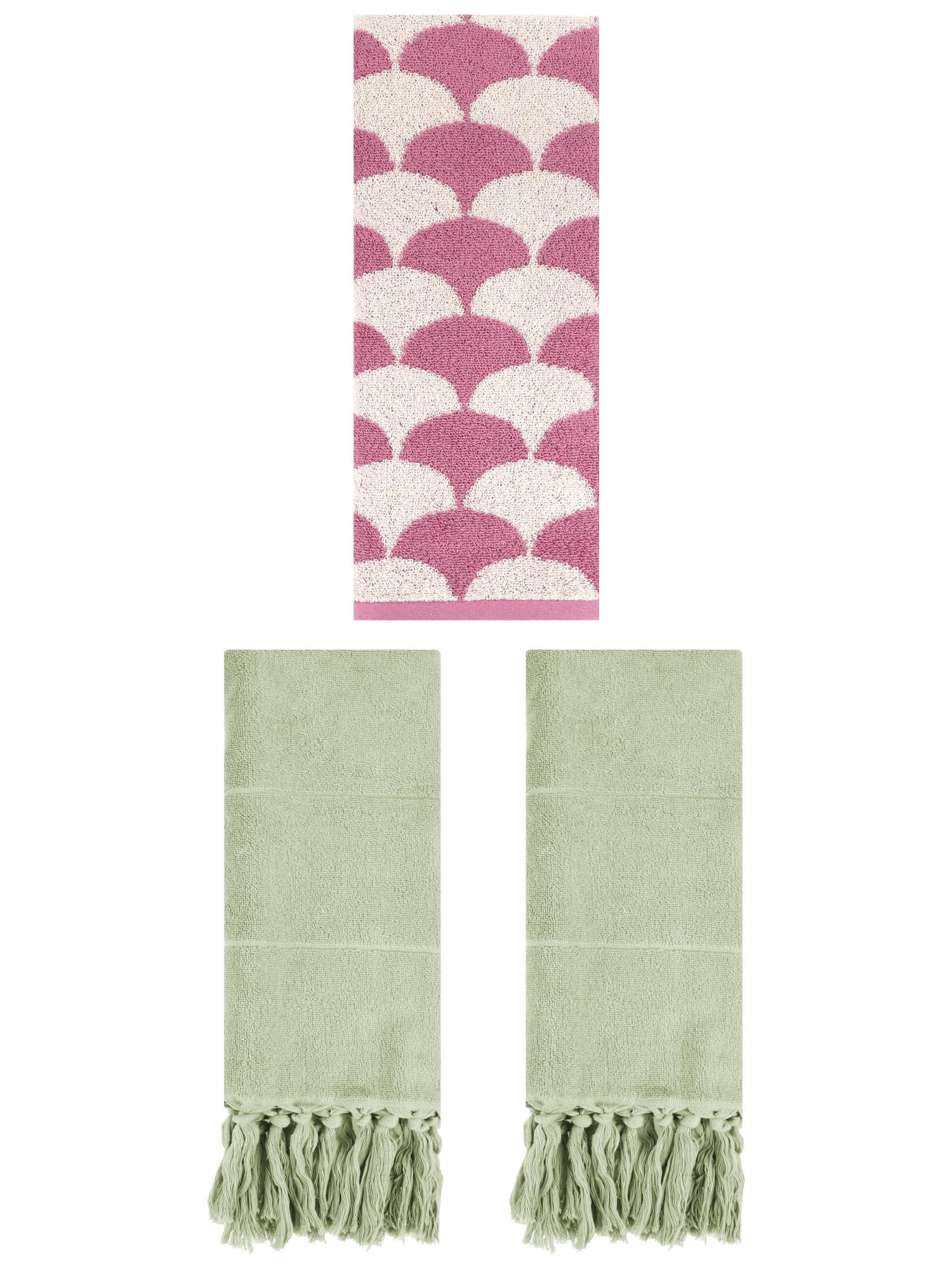 Unique Bargains 3 Pack Geometric Solid Hand Towel Set Green/Pink 14"x30"/13"x29"