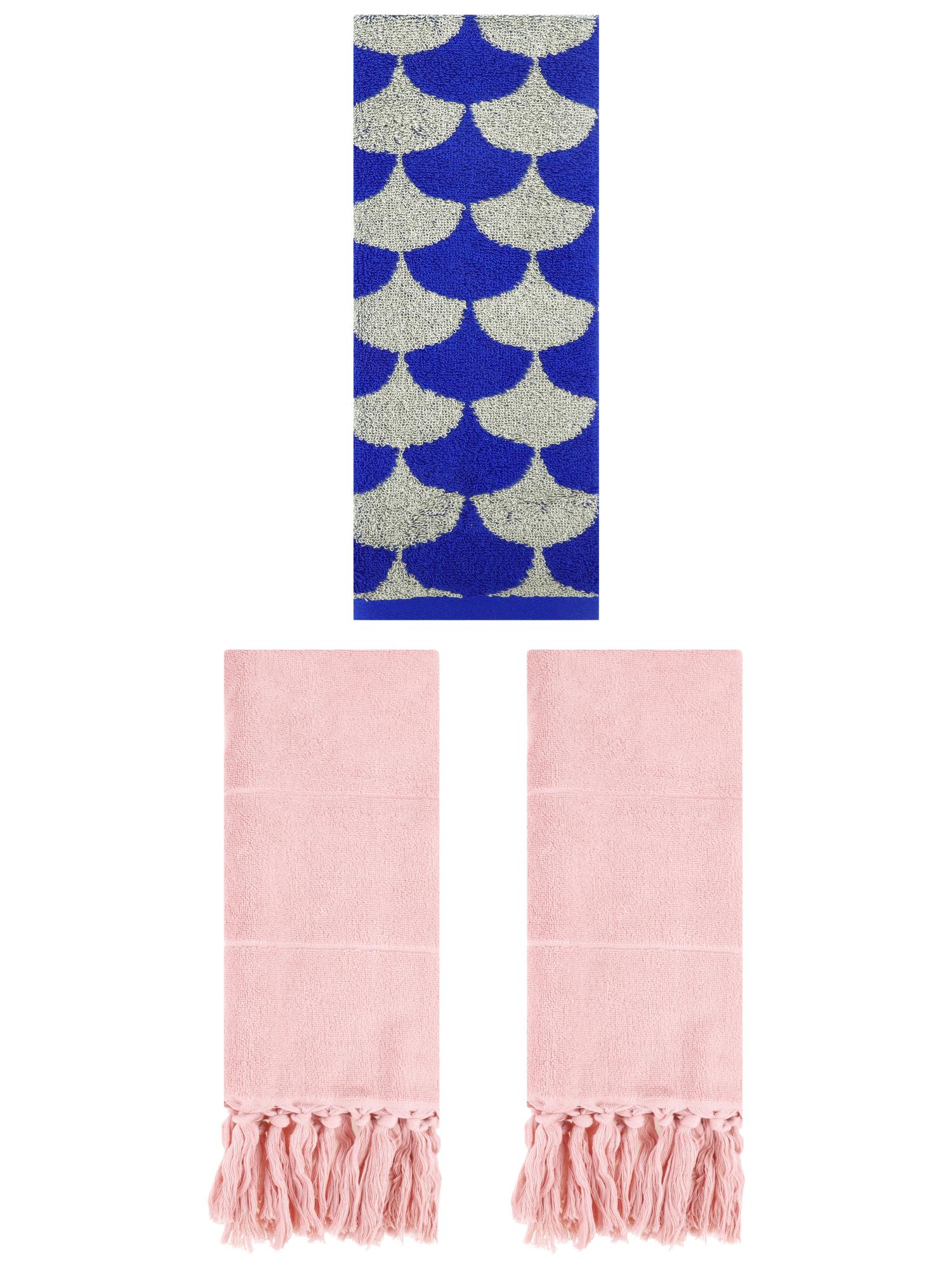 Unique Bargains 3 Pack Geometric Solid Hand Towel Set Pink/Blue 14"x30"/13"x29"