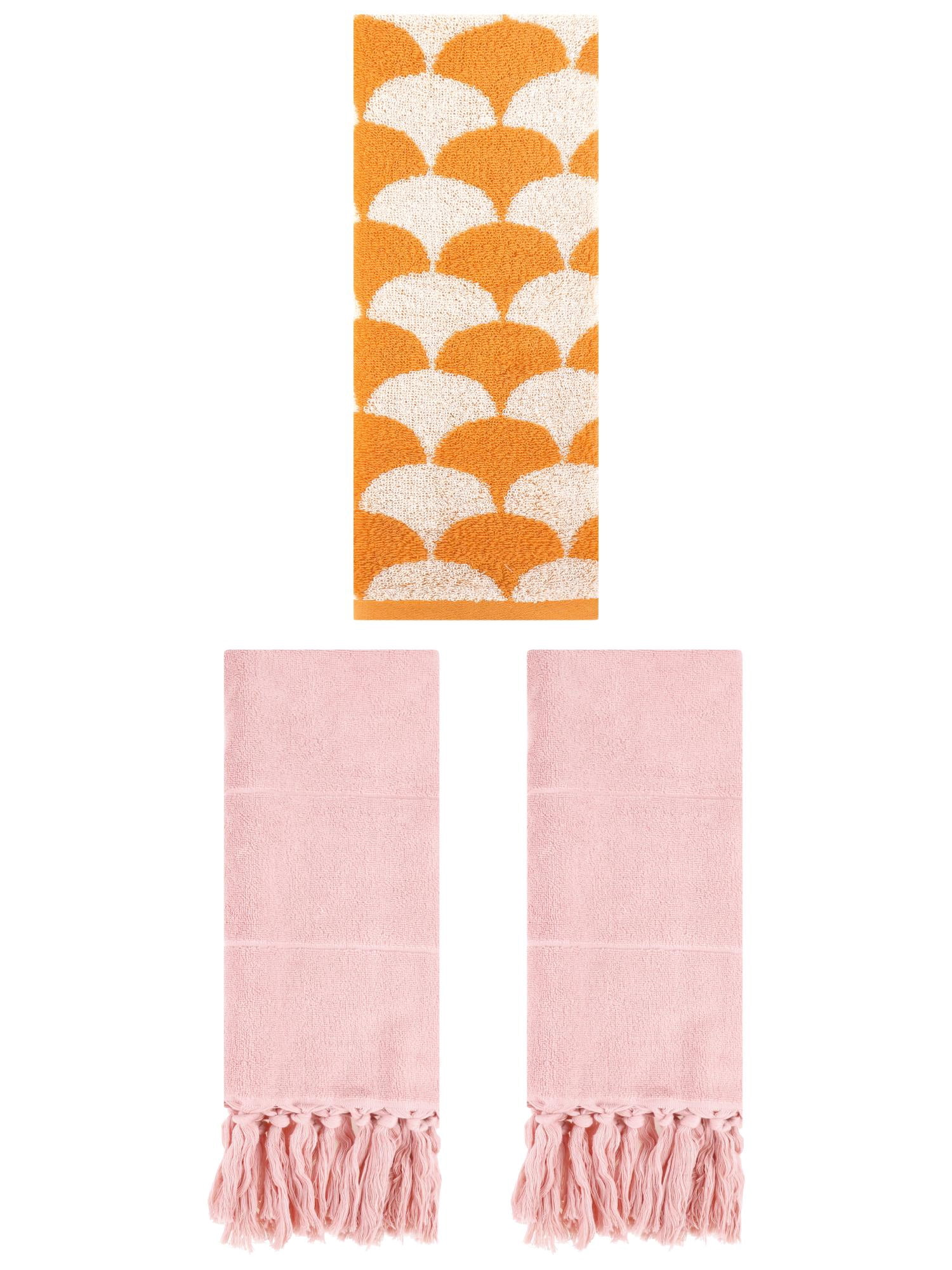Unique Bargains 3 Pack Geometric Solid Hand Towel Set Pink/Orange 14"x30"/13"x29"