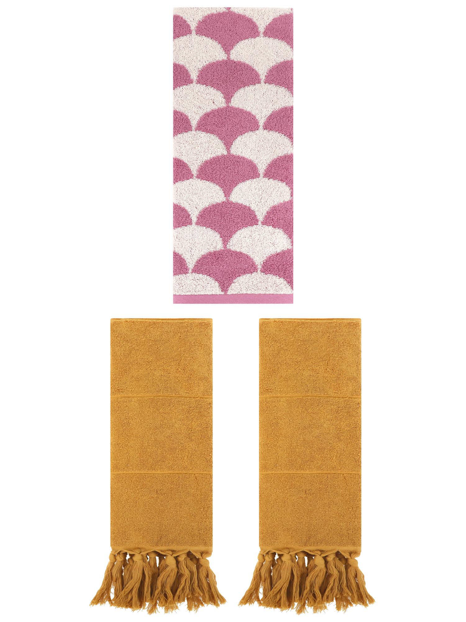 Unique Bargains 3 Pack Geometric Solid Hand Towel Set Yellow/Pink 14"x30"/13"x29"