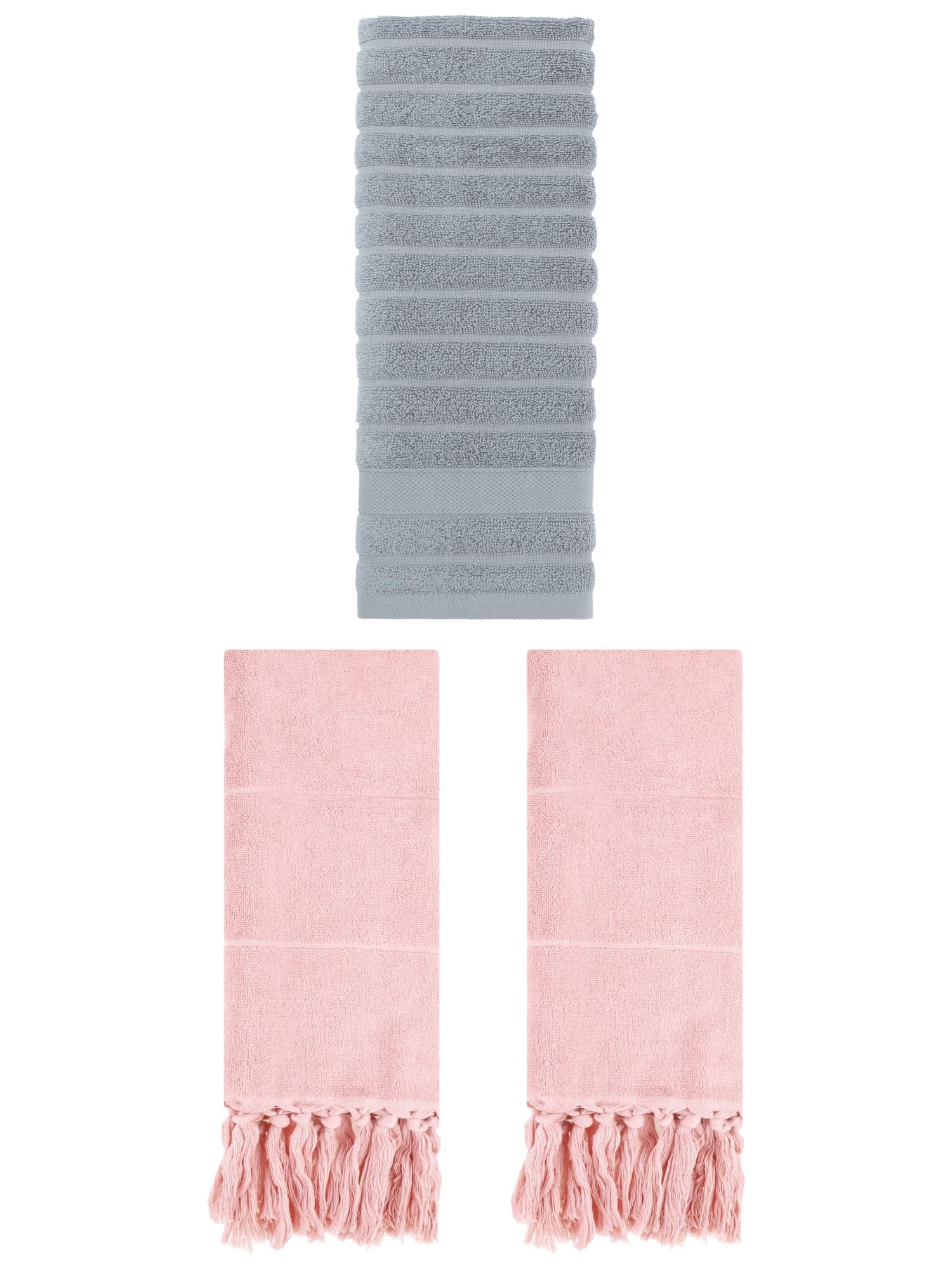 Unique Bargains 3 Pack Solid Absorbent Soft Cotton Hand Towels 14" x 30" Pink/Grey