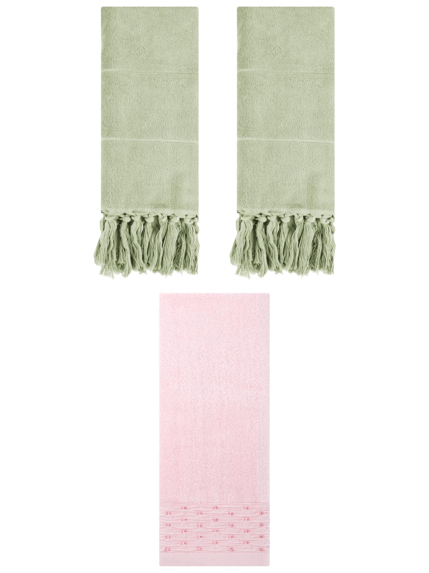 Unique Bargains 3 Pack Solid Cotton Hand Towels for Bathroom 14" x 30" Green/Pink