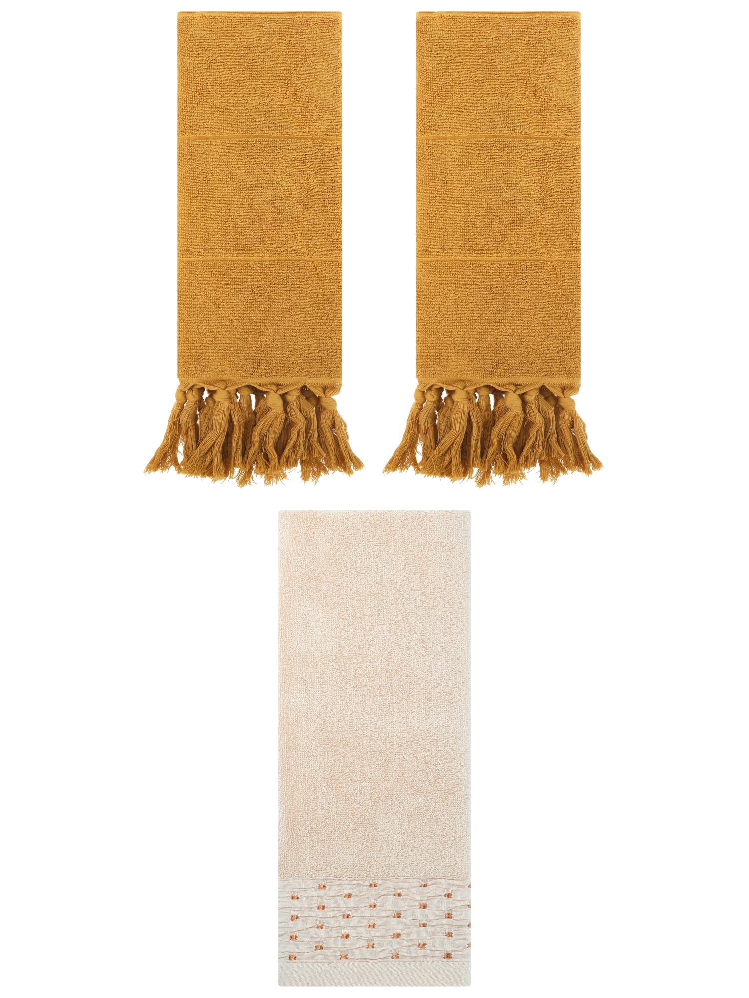 Unique Bargains 3 Pack Solid Cotton Hand Towels for Bathroom 14" x 30" Yellow/Light Brown