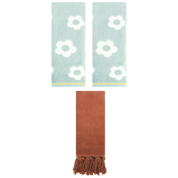 Unique Bargains 3 Pack Solid Floral Soft Hand Towels 14"x30" Brown/Green