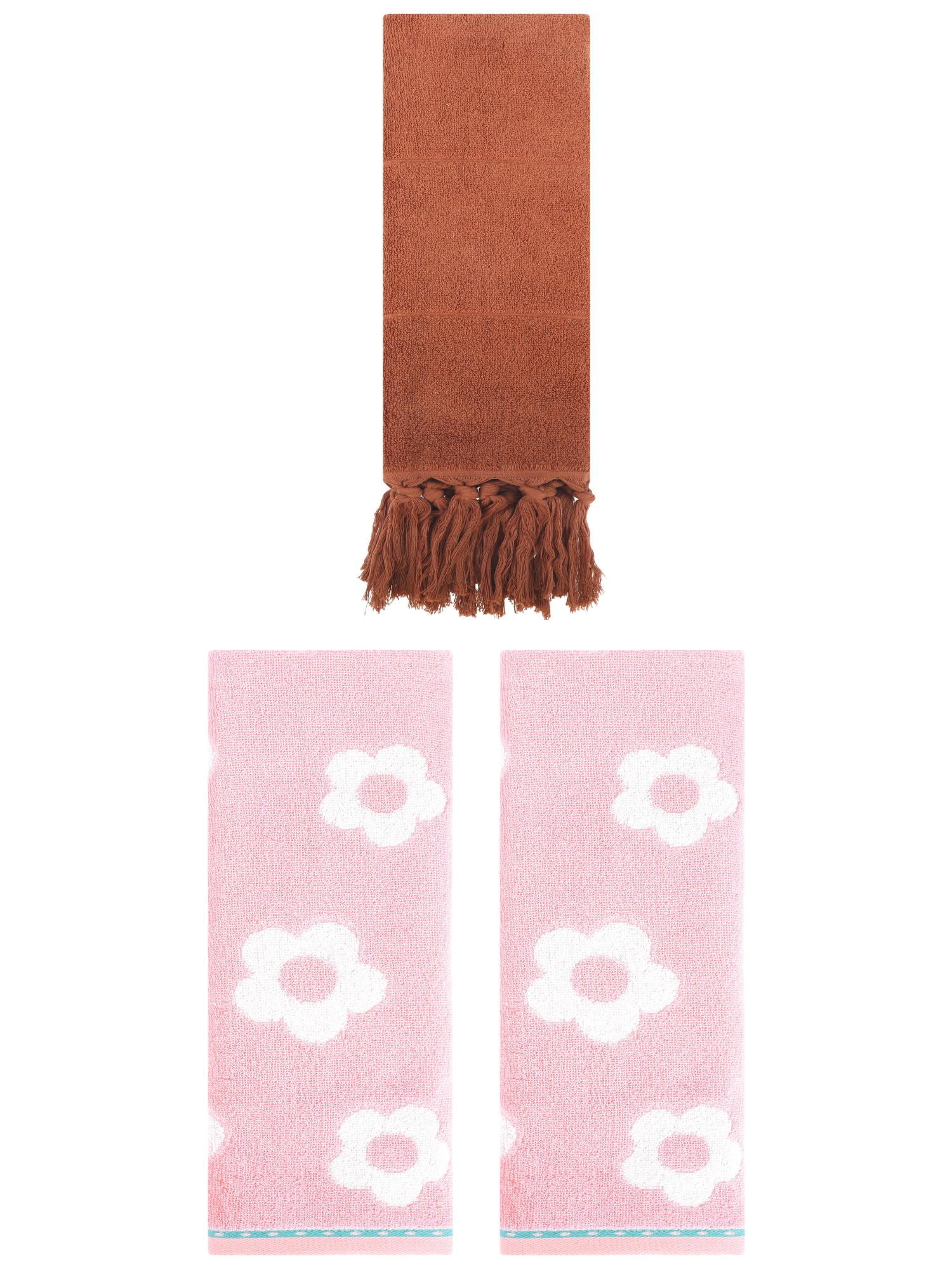 Unique Bargains 3 Pack Solid Floral Soft Hand Towels 14"x30" Brown/Pink