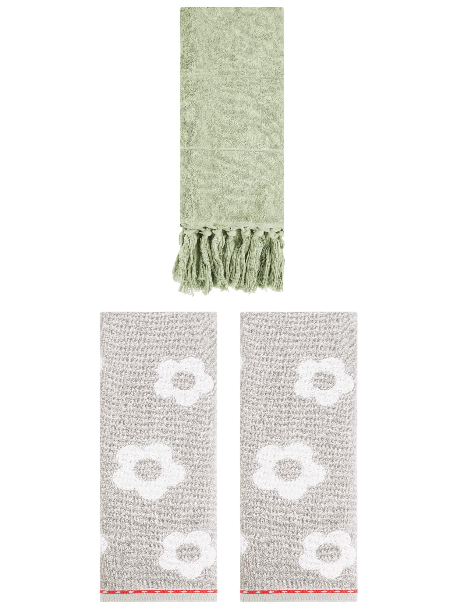 Unique Bargains 3 Pack Solid Floral Soft Hand Towels 14"x30" Green/Grey