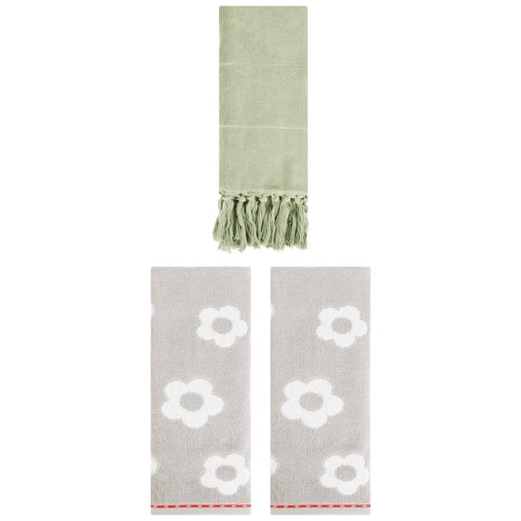 Unique Bargains 3 Pack Solid Floral Soft Hand Towels 14"x30" Green/Grey