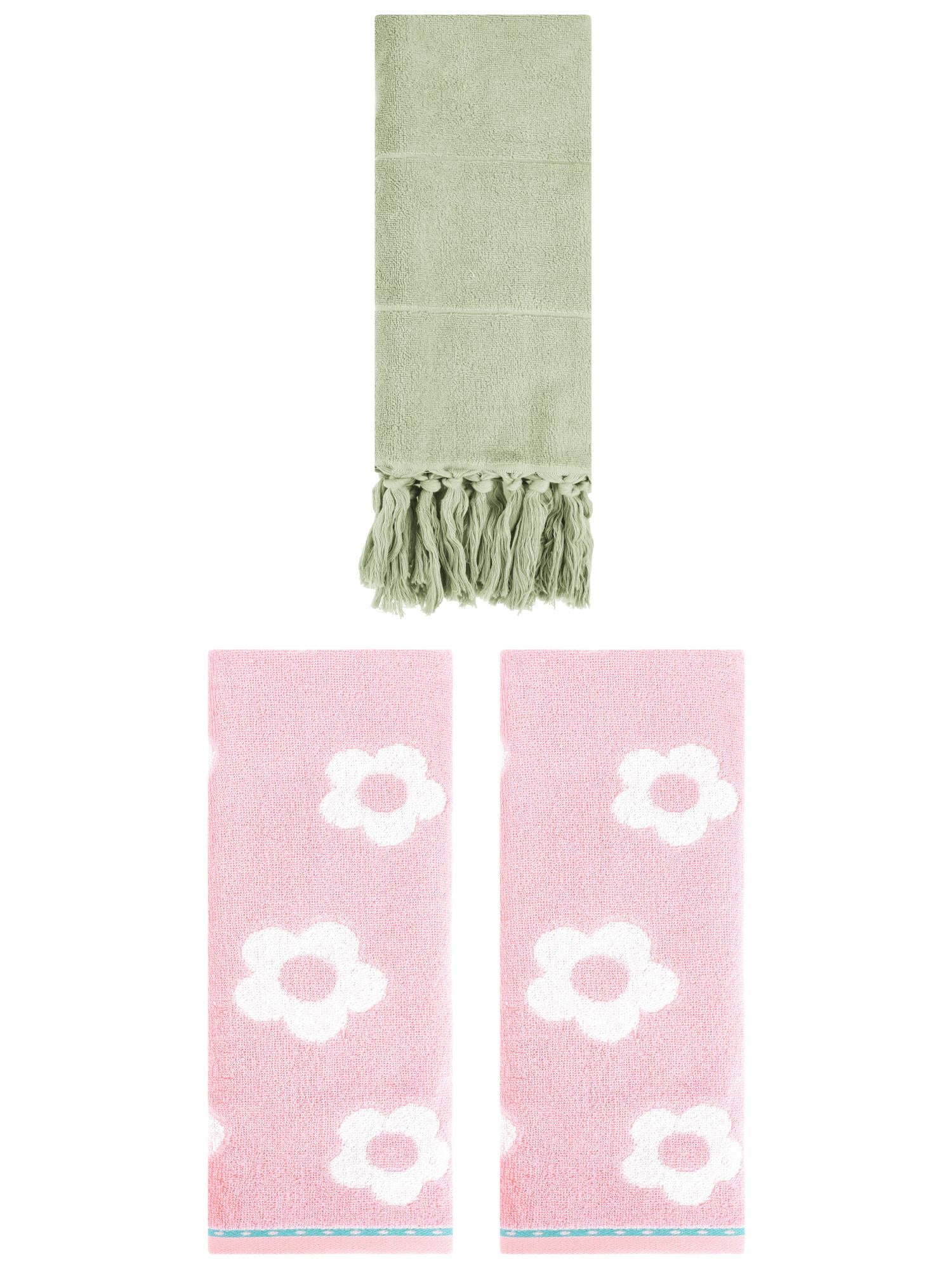 Unique Bargains 3 Pack Solid Floral Soft Hand Towels 14"x30" Green/Pink