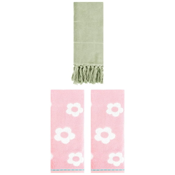 Unique Bargains 3 Pack Solid Floral Soft Hand Towels 14"x30" Green/Pink