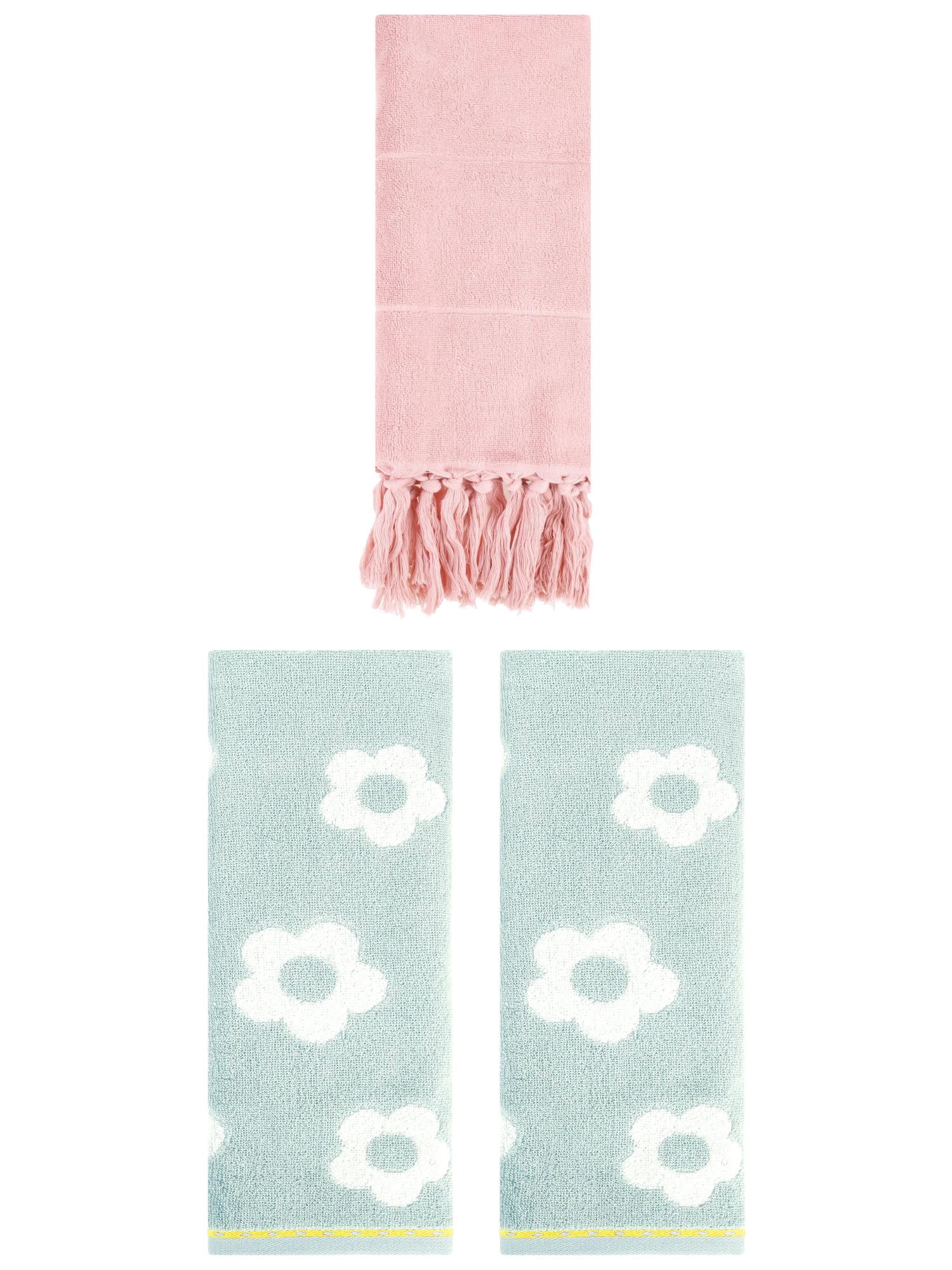 Unique Bargains 3 Pack Solid Floral Soft Hand Towels 14"x30" Pink/Green