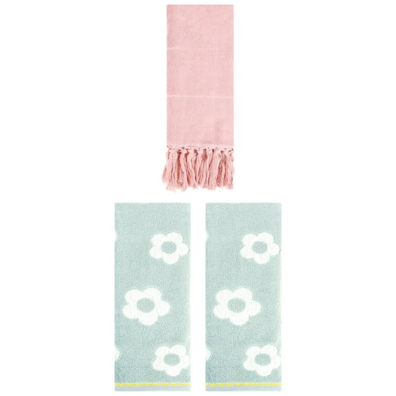 Unique Bargains 3 Pack Solid Floral Soft Hand Towels 14"x30" Pink/Green