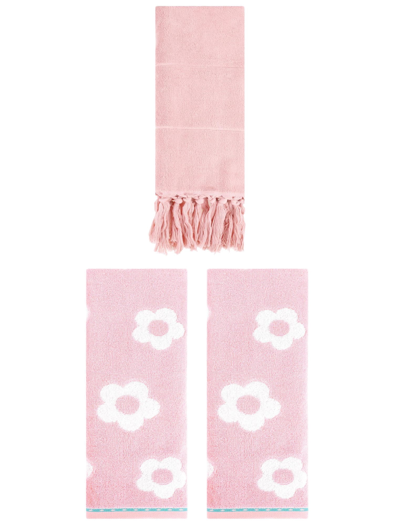 Unique Bargains 3 Pack Solid Floral Soft Hand Towels 14"x30" Pink