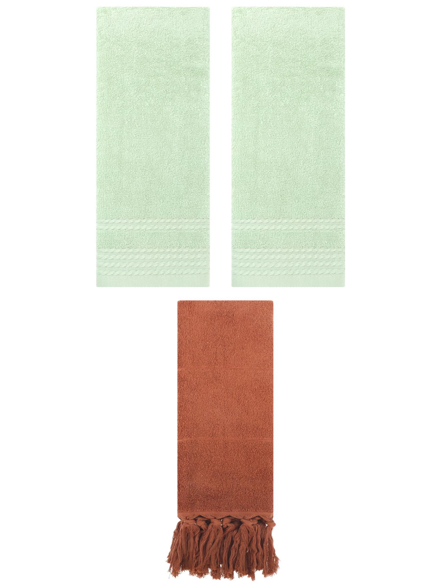 Unique Bargains 3 Pack Solid Tassels Bathroom Hand Towels 14" x 30" Brown/Green