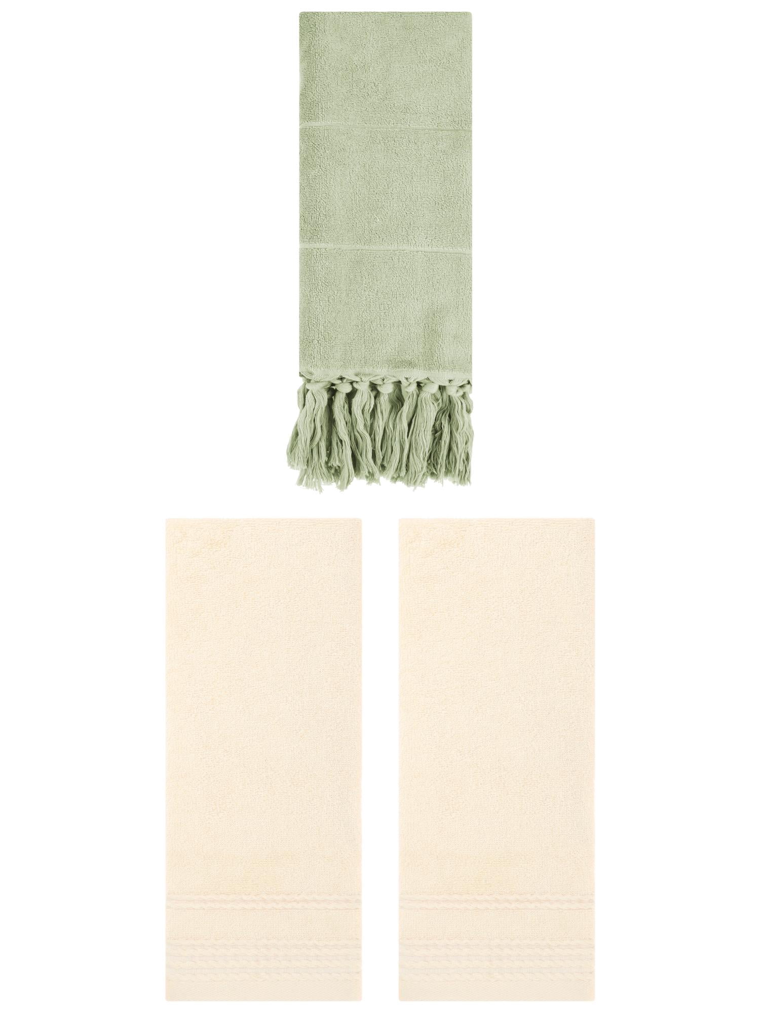 Unique Bargains 3 Pack Solid Tassels Bathroom Hand Towels 14" x 30" Green/Beige