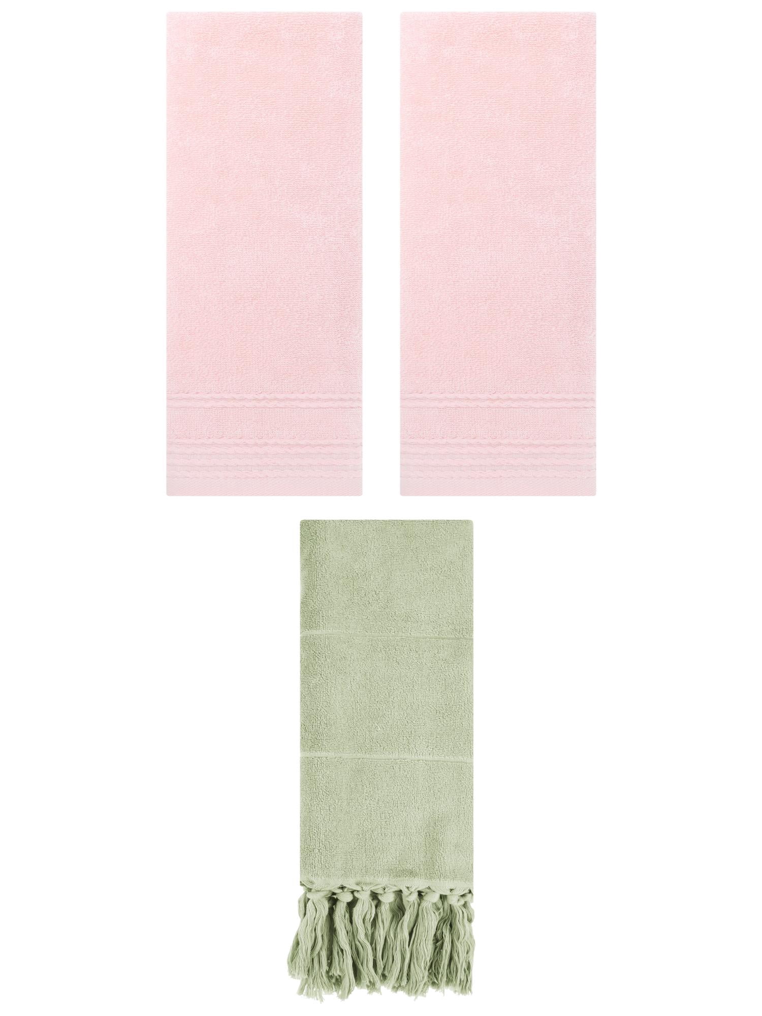 Unique Bargains 3 Pack Solid Tassels Bathroom Hand Towels 14" x 30" Green/Pink