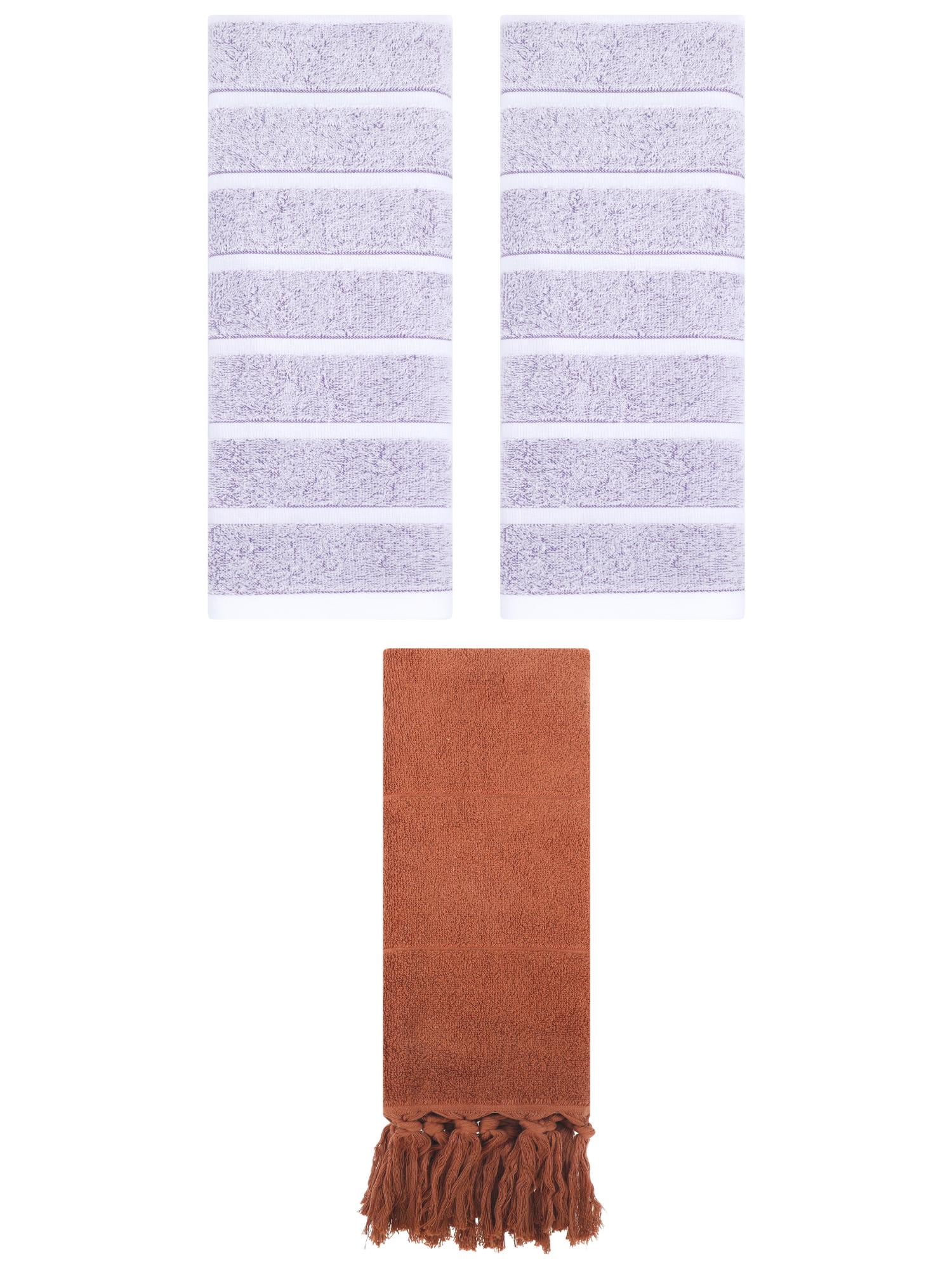 Unique Bargains 3 Pack Striped Solid Hand Towel Brown/Light Purple 14"x30"/13"x29"
