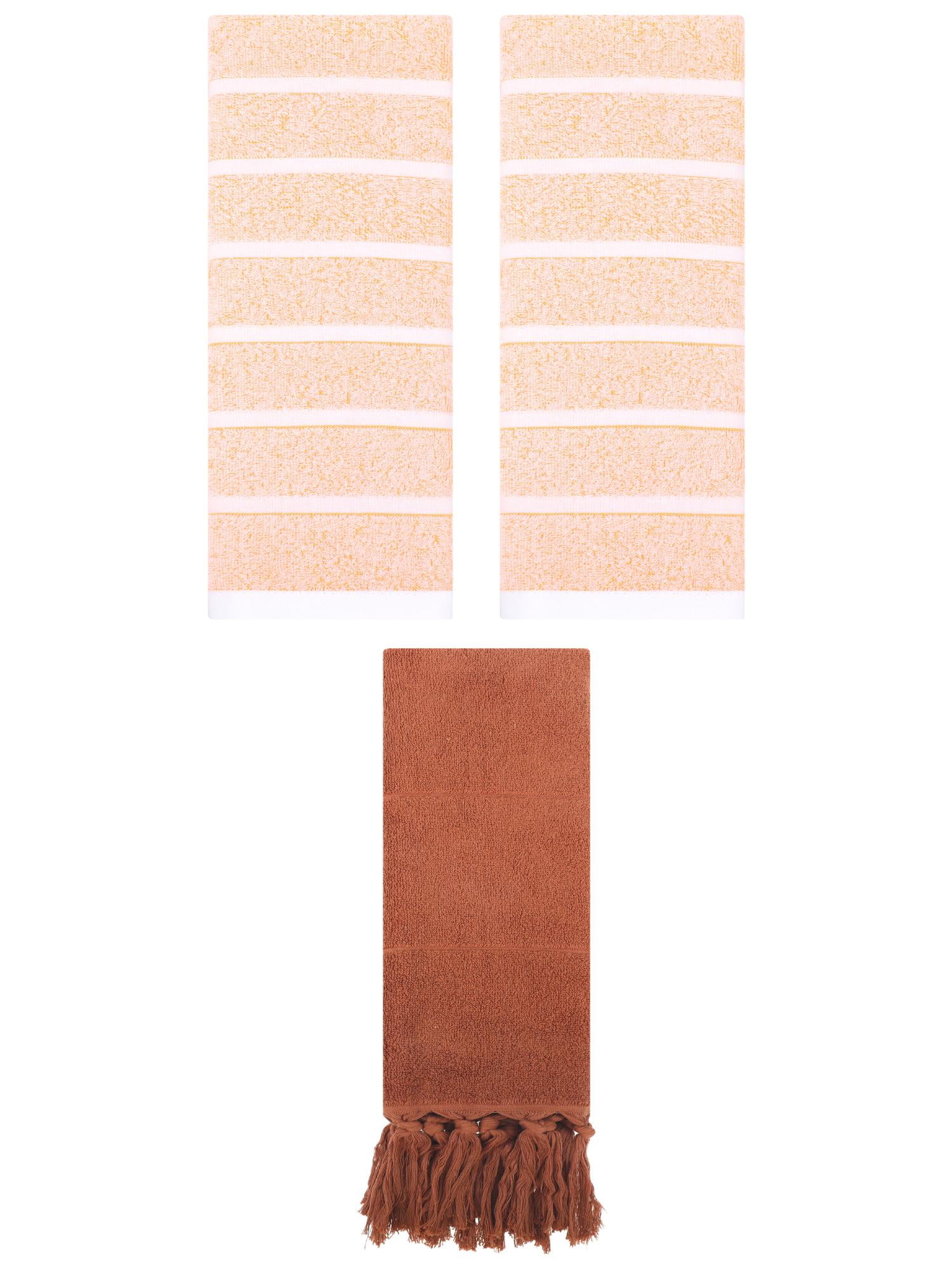 Unique Bargains 3 Pack Striped Solid Hand Towel Brown/Orange 14"x30"/13"x29"