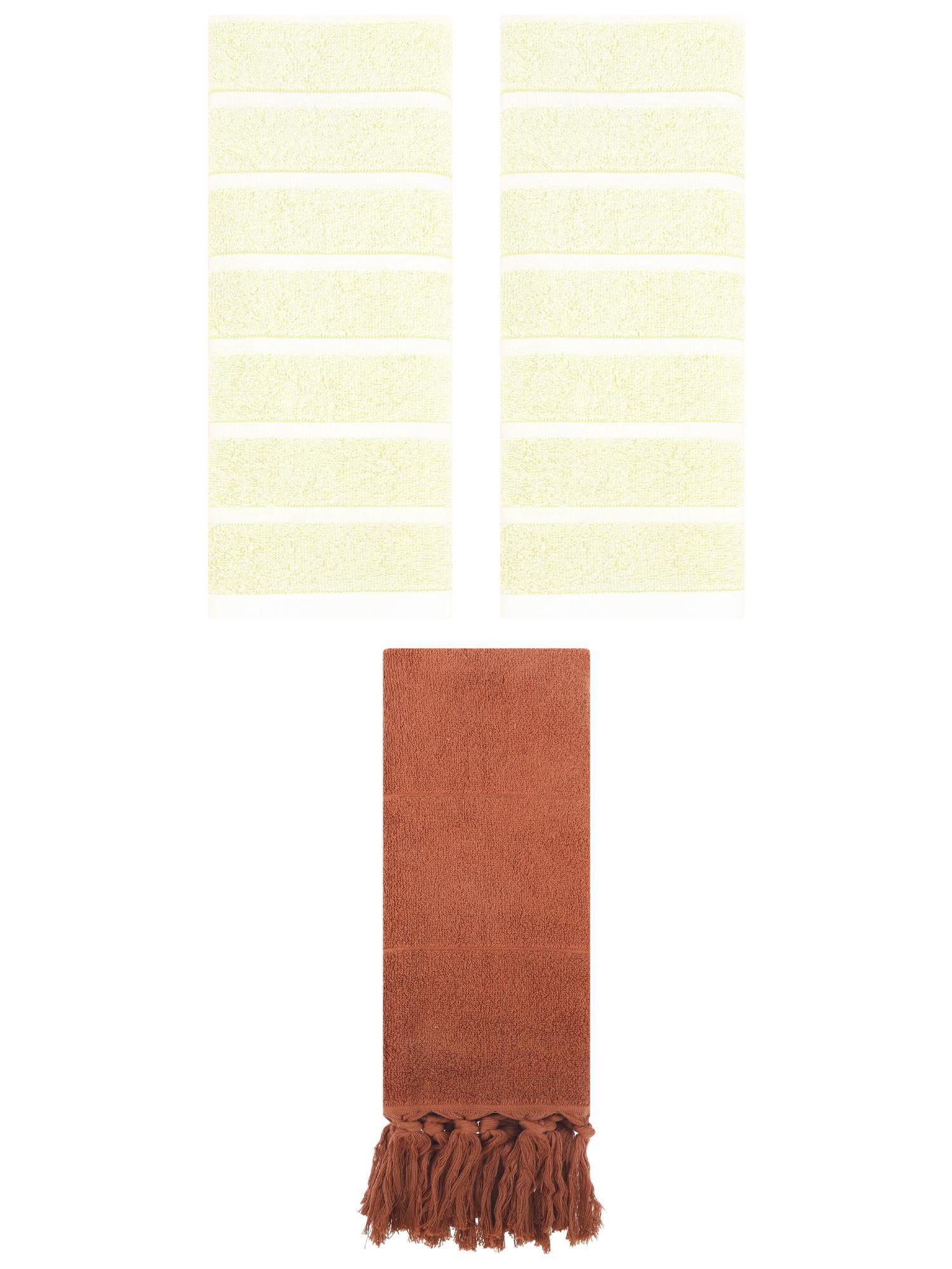 Unique Bargains 3 Pack Striped Solid Hand Towel Brown/Yellow 14"x30"/13"x29"