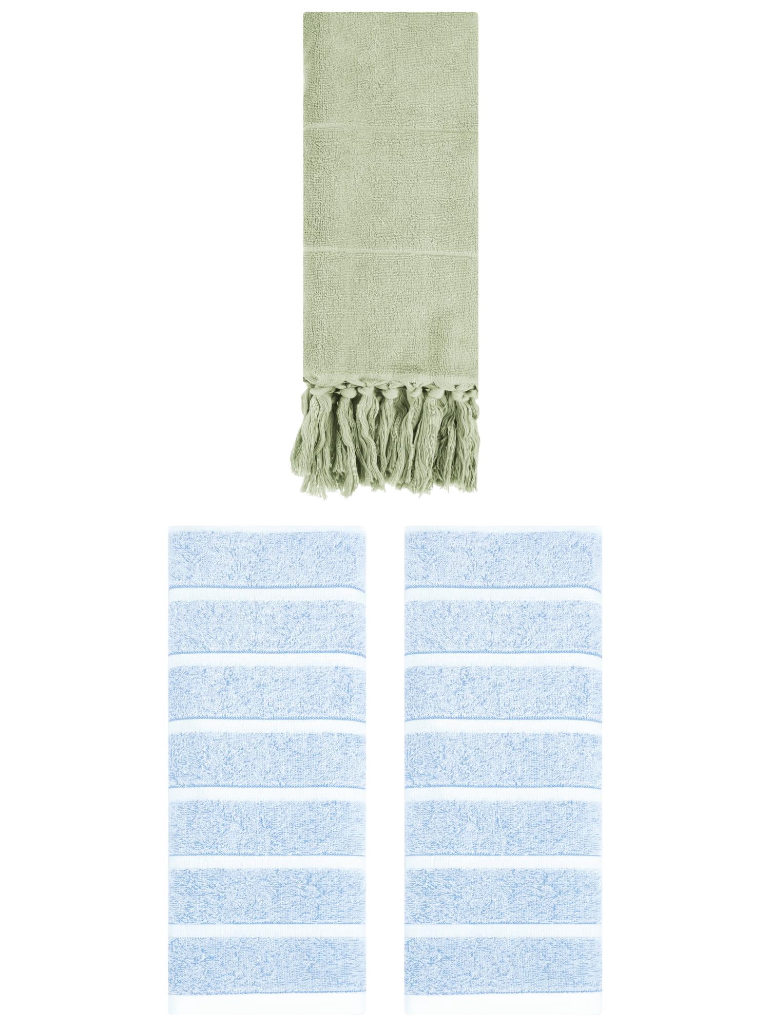 Unique Bargains 3 Pack Striped Solid Hand Towel Green/Blue 14"x30"/13"x29"