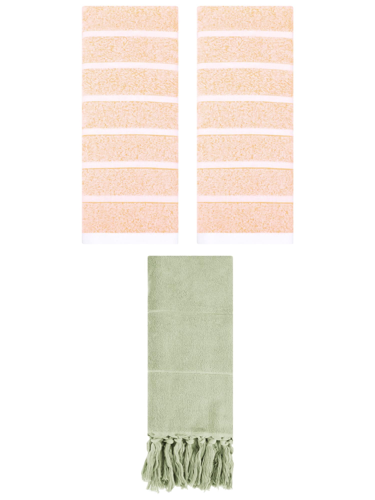 Unique Bargains 3 Pack Striped Solid Hand Towel Green/Orange 14"x30"/13"x29"