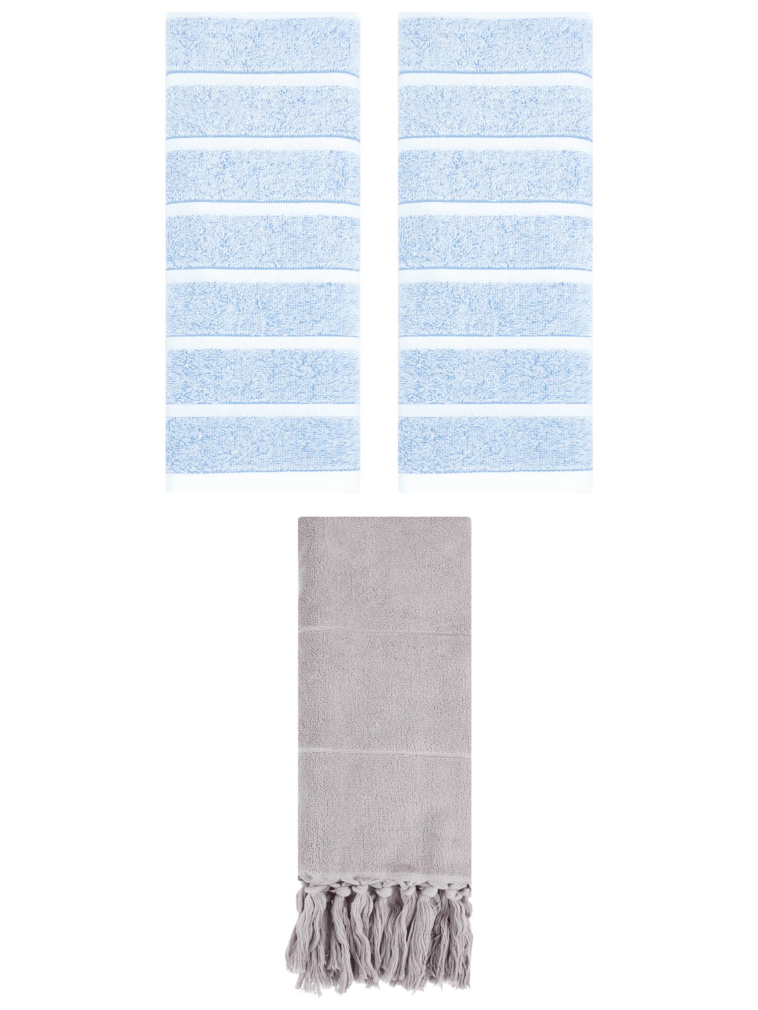 Unique Bargains 3 Pack Striped Solid Hand Towel Grey/Blue 14"x30"/13"x29"