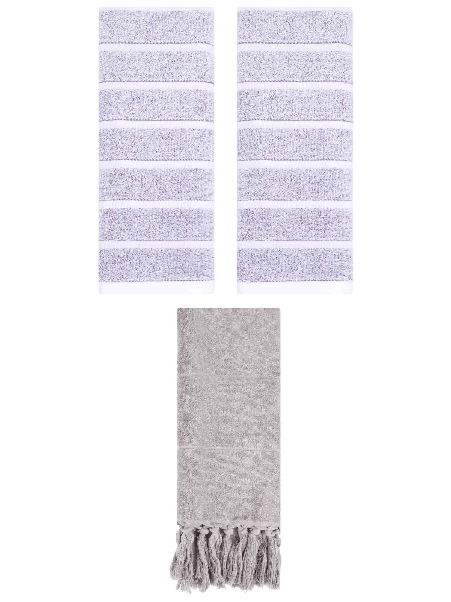 Unique Bargains 3 Pack Striped Solid Hand Towel Grey/Light Purple 14"x30"/13"x29"
