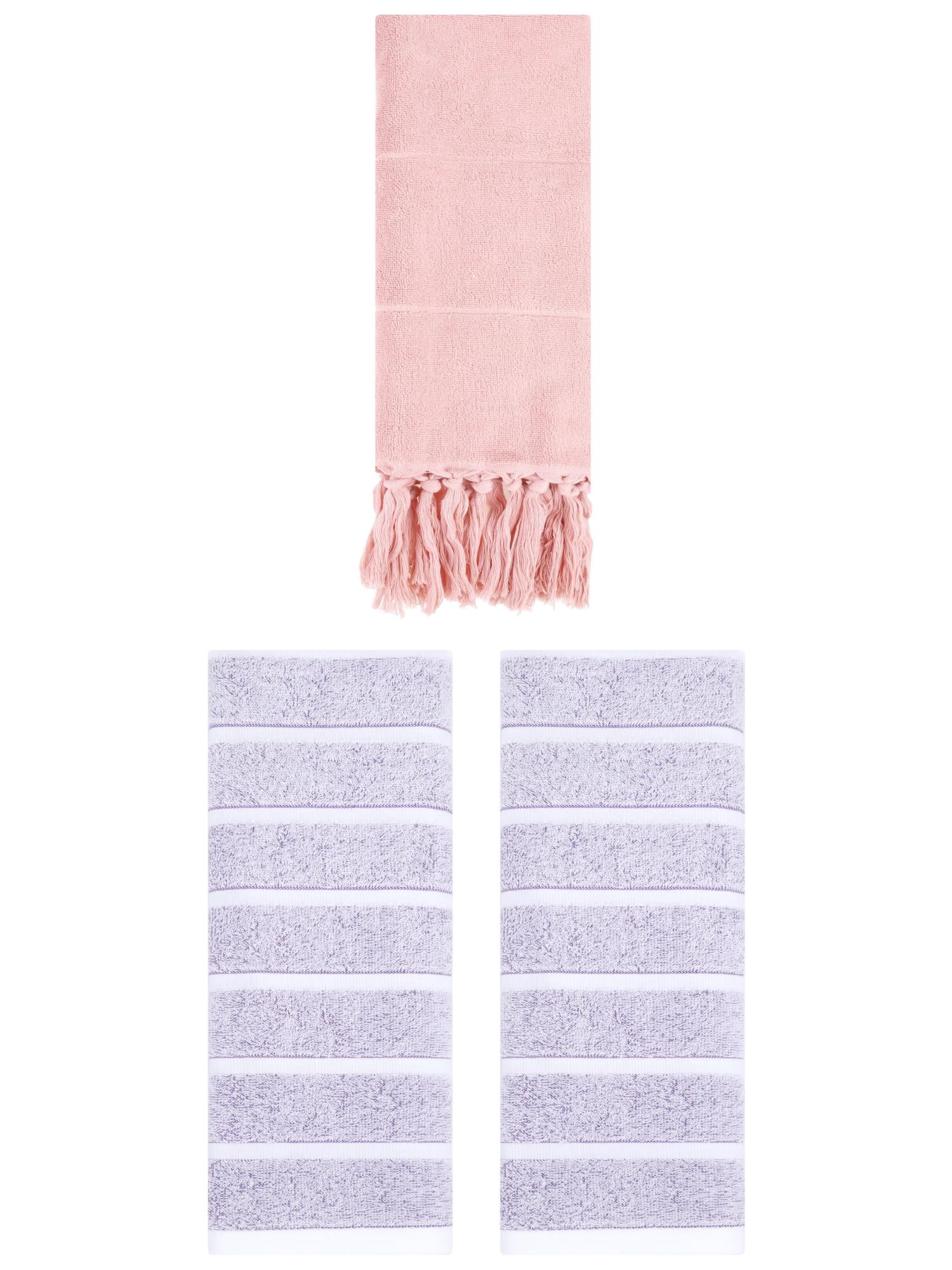 Unique Bargains 3 Pack Striped Solid Hand Towel Pink/Light Purple 14"x30"/13"x29"