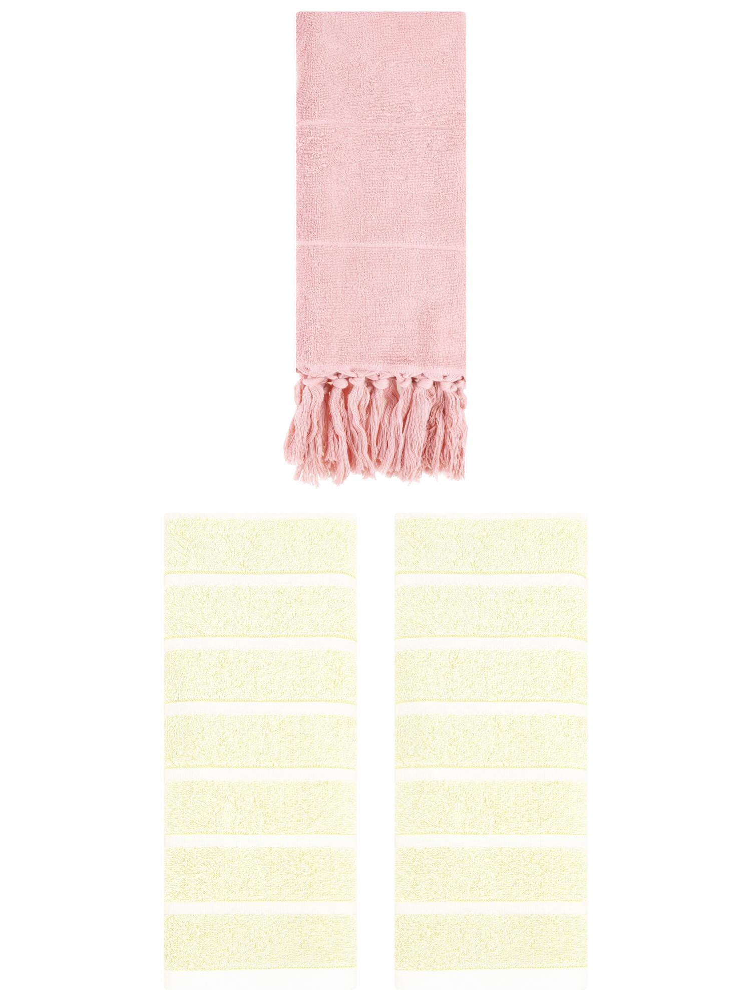 Unique Bargains 3 Pack Striped Solid Hand Towel Pink/Yellow 14"x30"/13"x29"