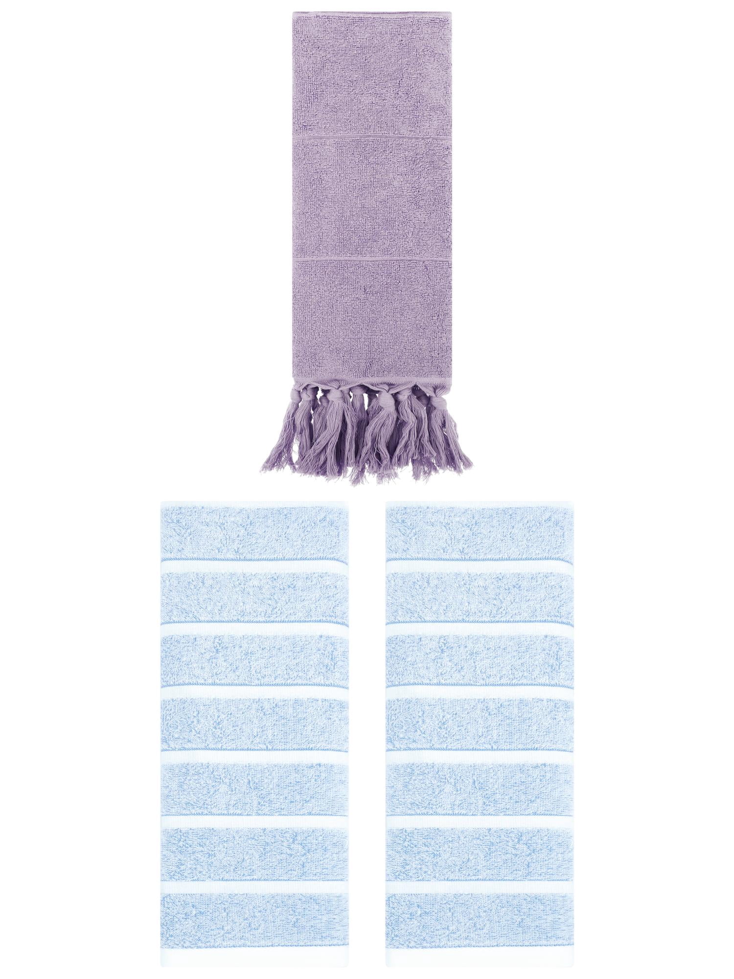 Unique Bargains 3 Pack Striped Solid Hand Towel Purple/Blue 14"x30"/13"x29"