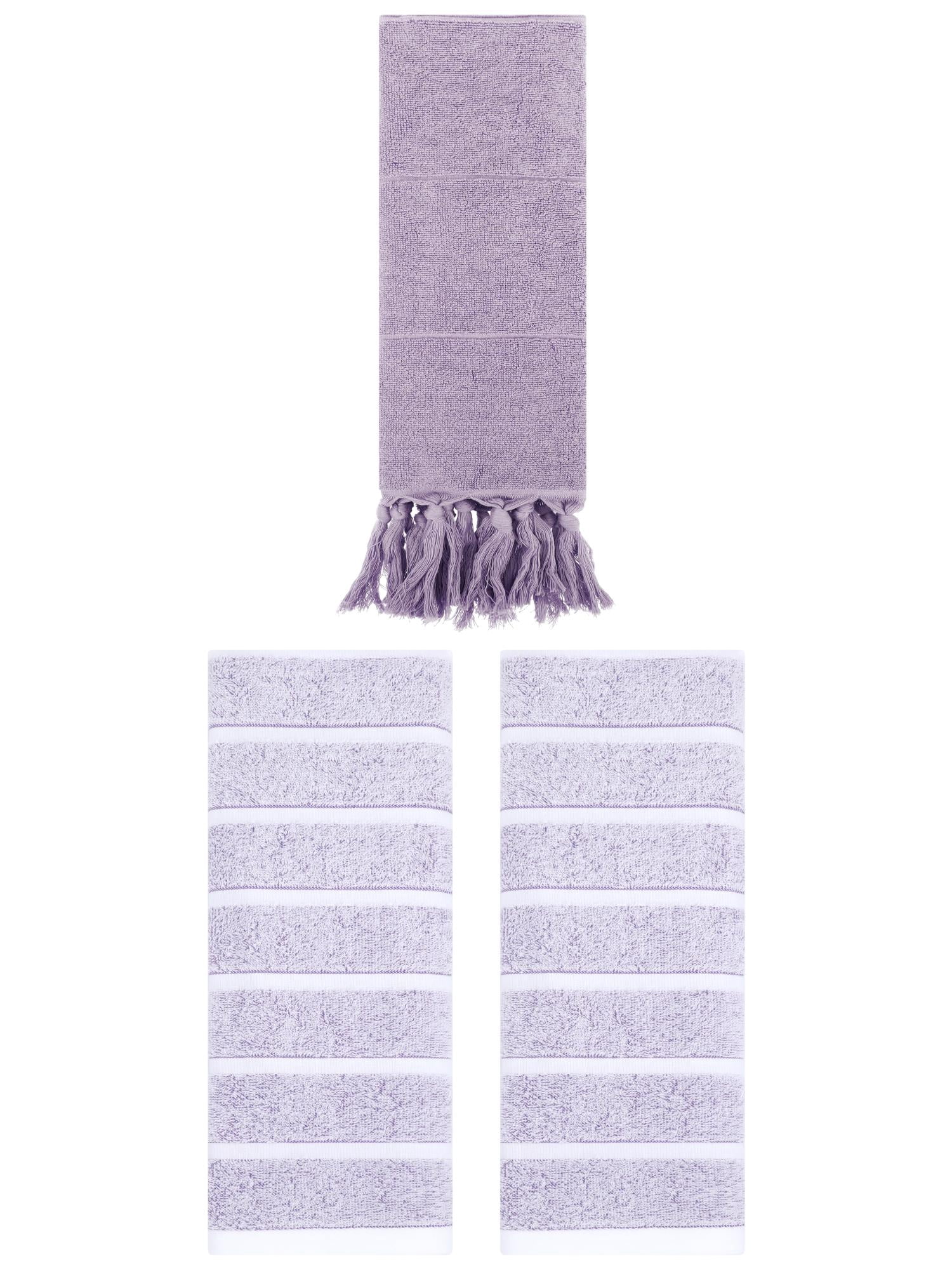 Unique Bargains 3 Pack Striped Solid Hand Towel Purple/Light Purple 14"x30"/13"x29"