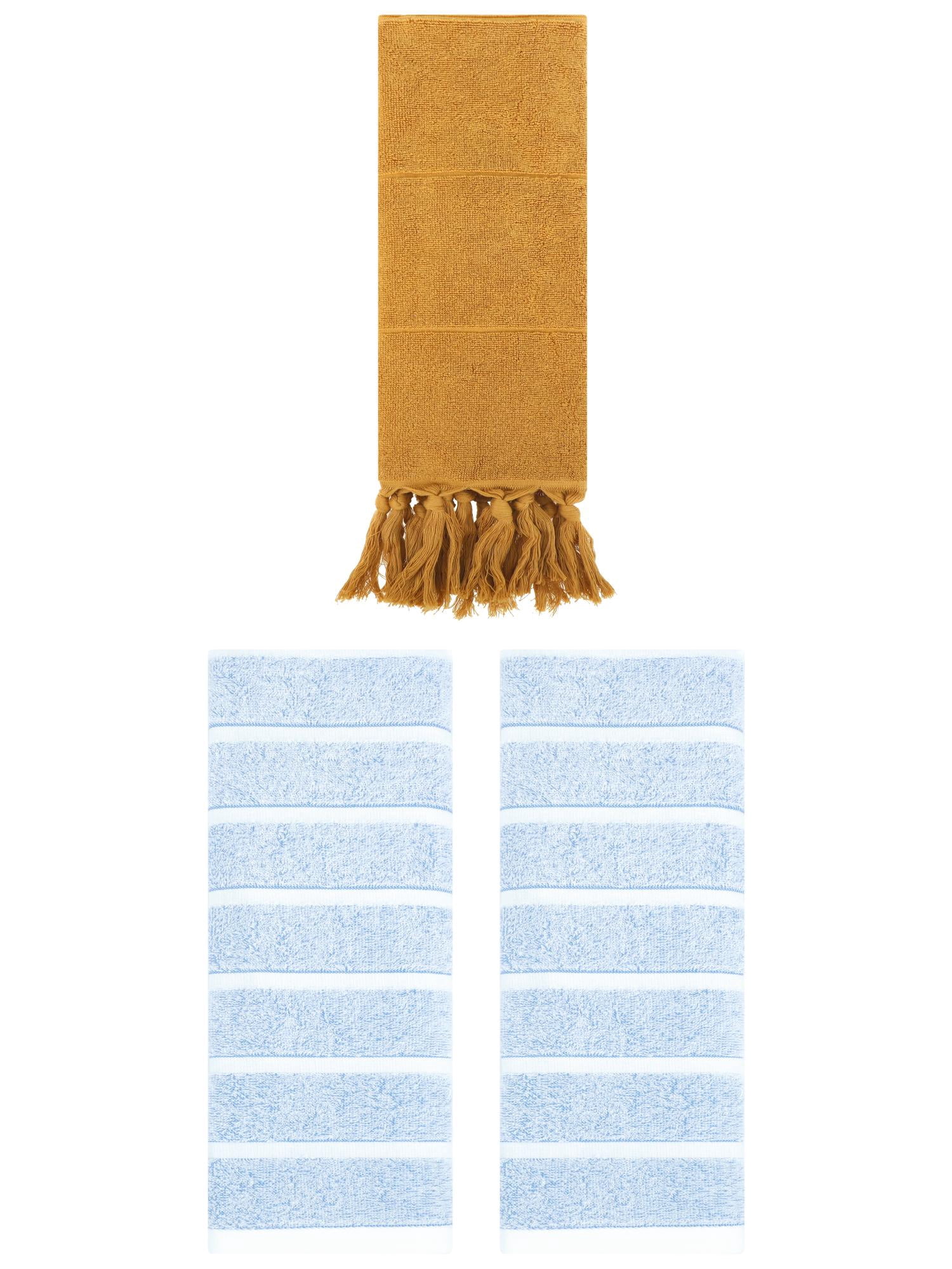 Unique Bargains 3 Pack Striped Solid Hand Towel Yellow/Blue 14"x30"/13"x29"