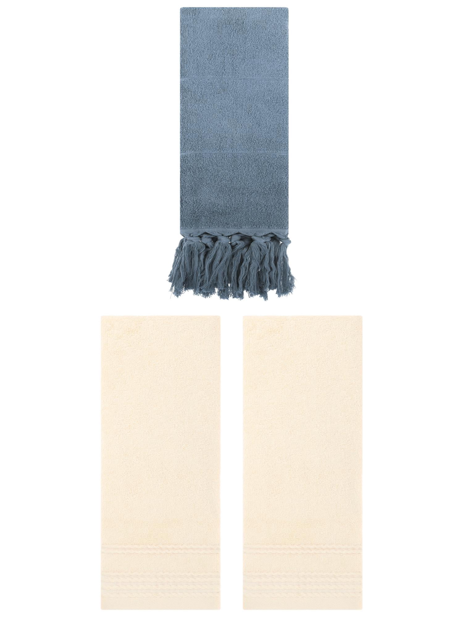 Unique Bargains 3 Pack Striped Tassels Bathroom Hand Towel 14" x 30" Blue/Beige