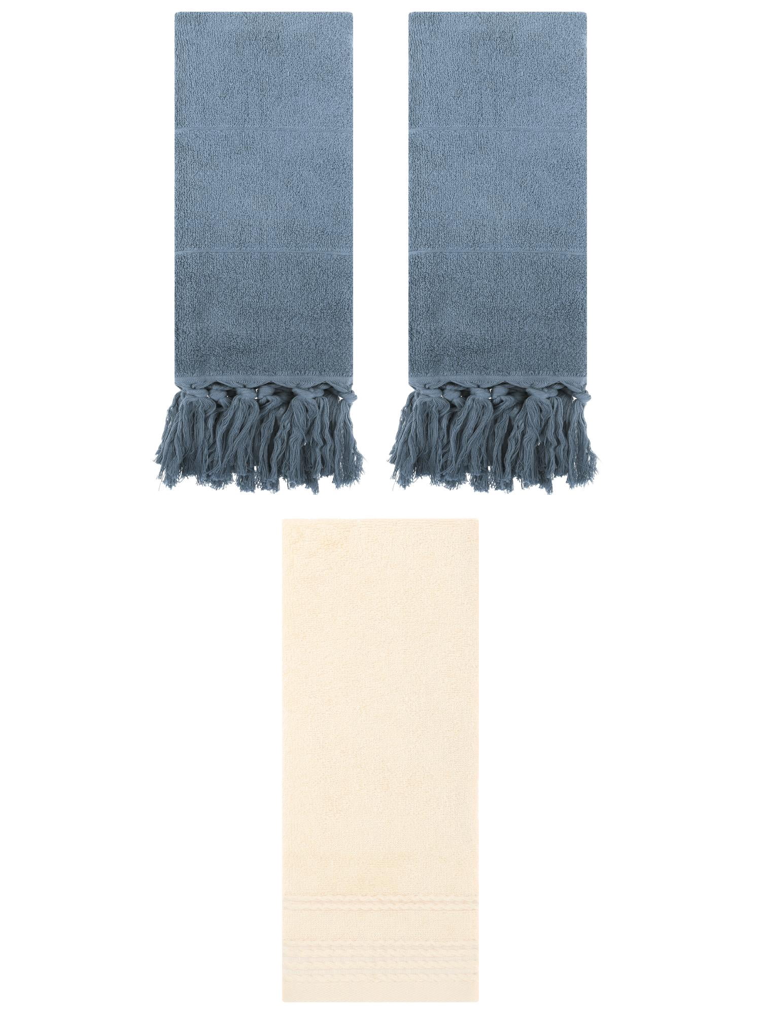 Unique Bargains 3 Pack Striped Tassels Hand Towels for Bathroom 14" x 30" Blue/Beige