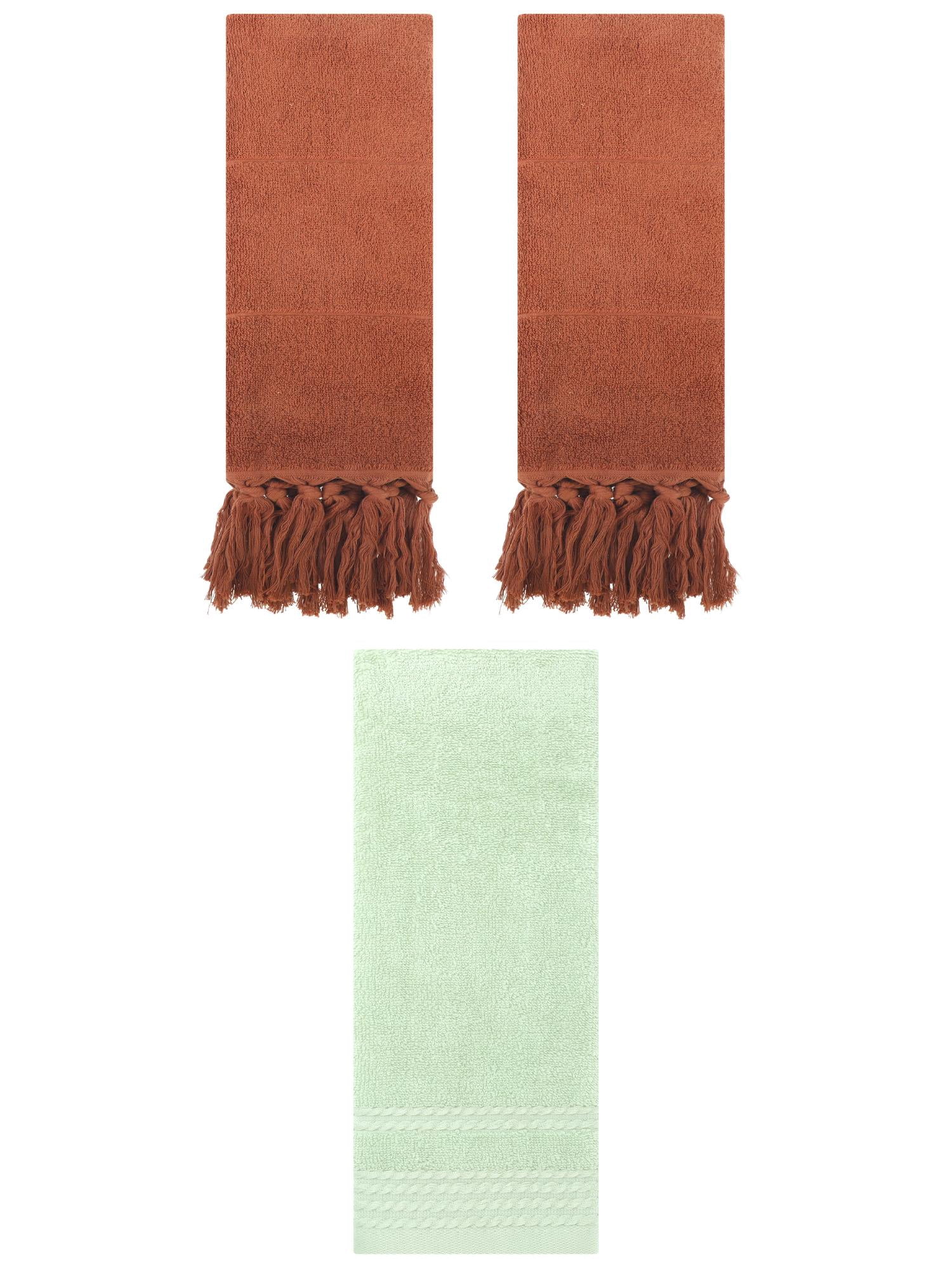 Unique Bargains 3 Pack Striped Tassels Hand Towels for Bathroom 14" x 30" Brown/Green