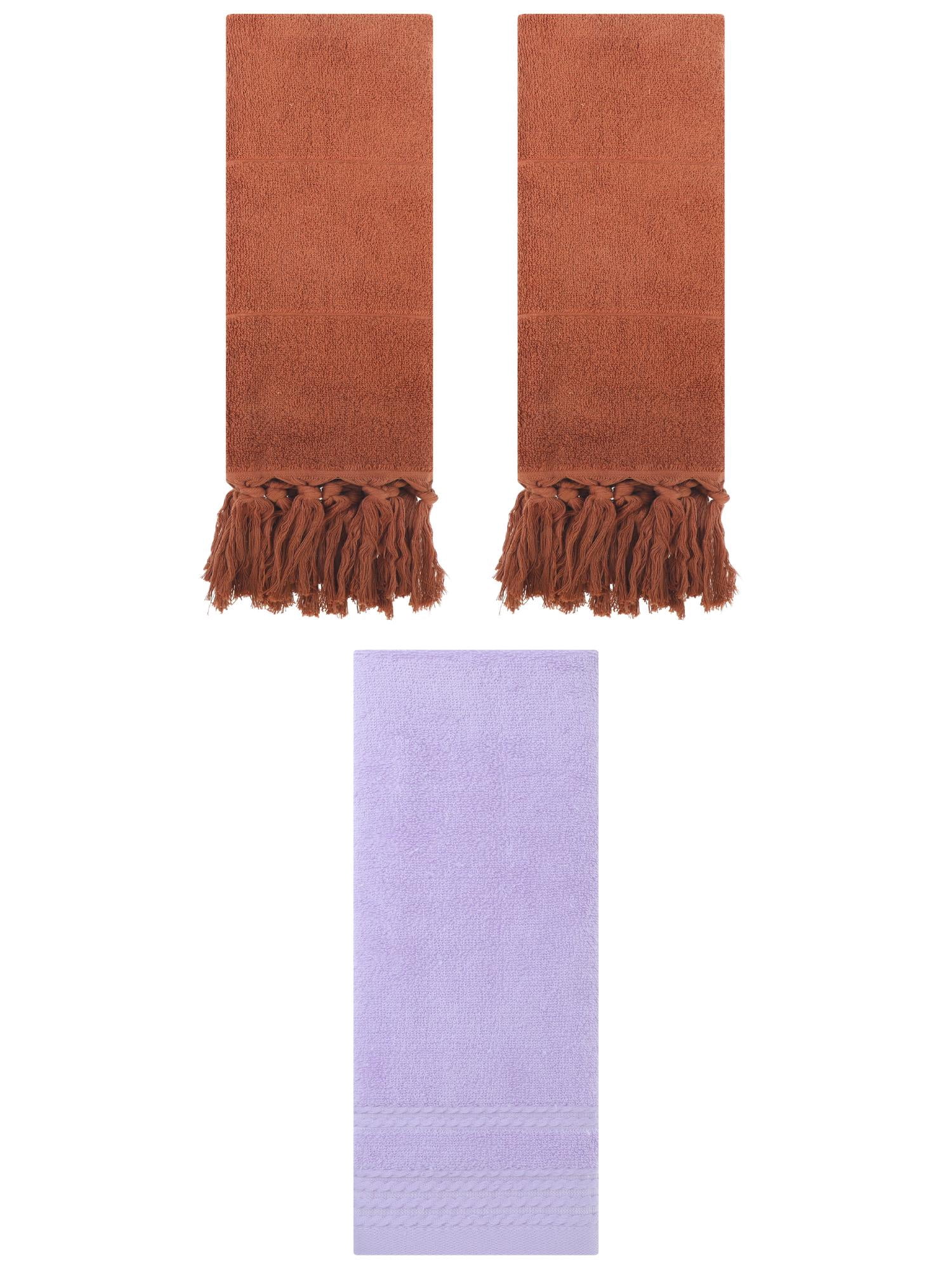 Unique Bargains 3 Pack Striped Tassels Hand Towels for Bathroom 14" x 30" Brown/Purple