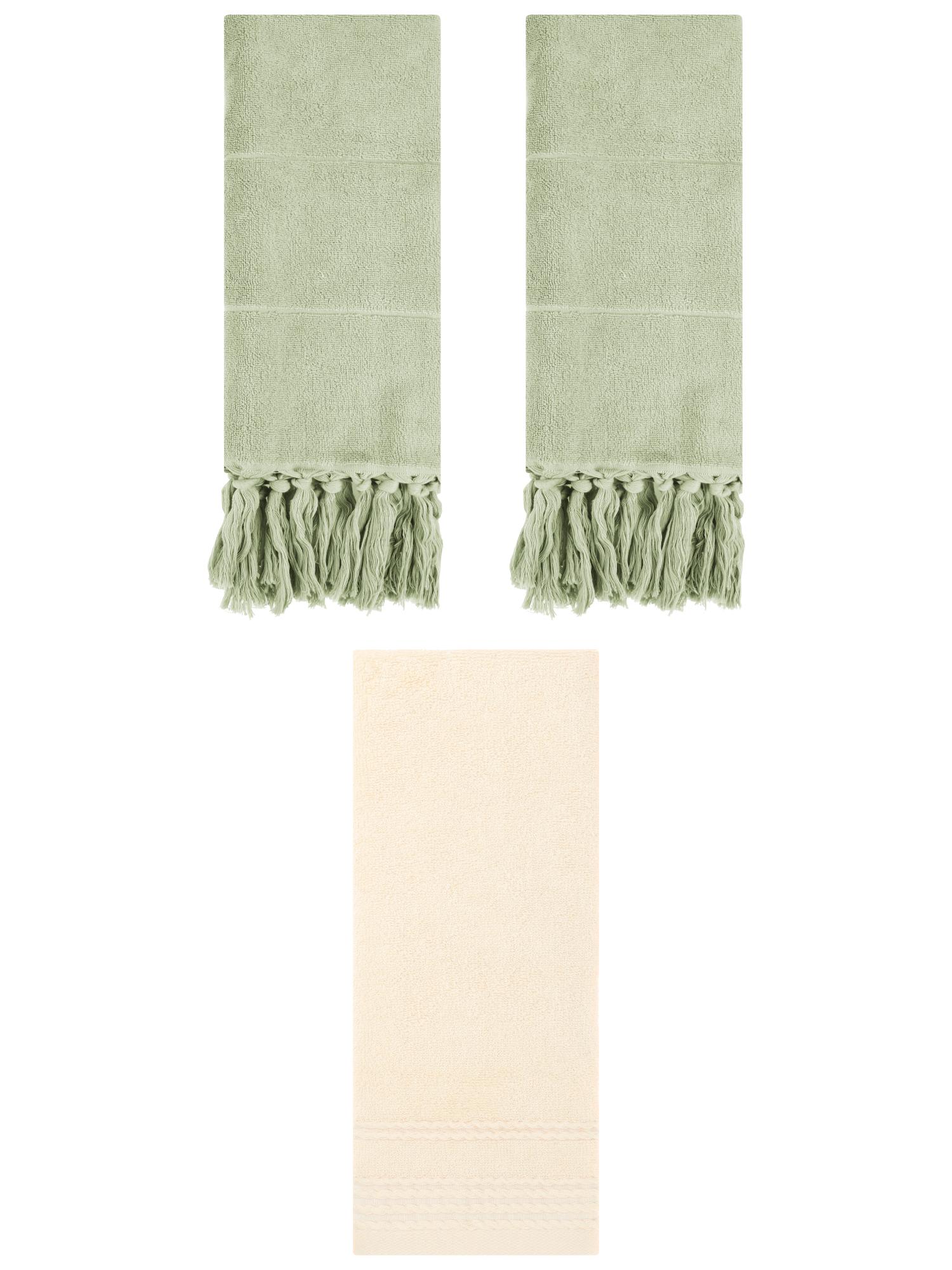 Unique Bargains 3 Pack Striped Tassels Hand Towels for Bathroom 14" x 30" Green/Beige